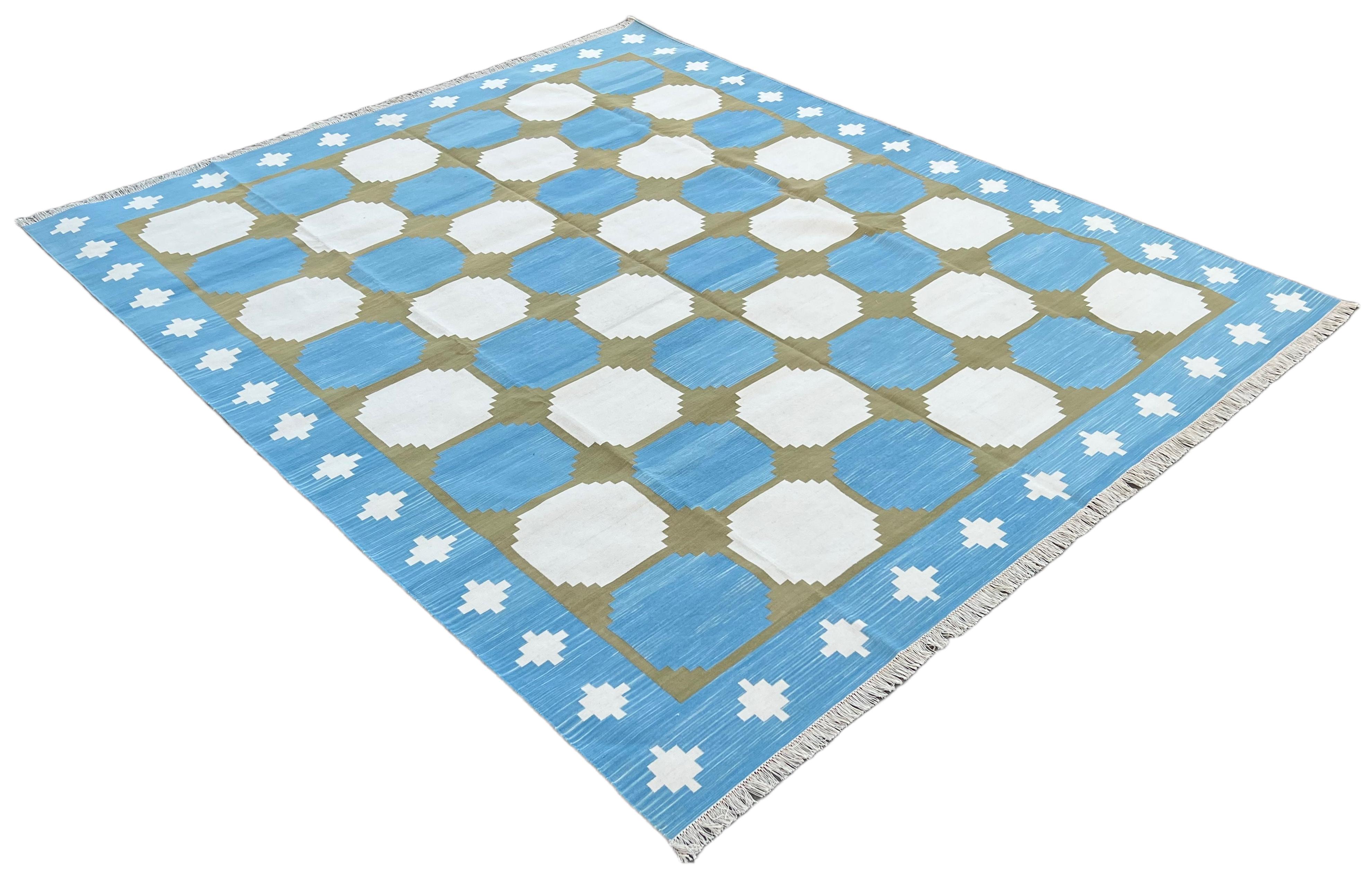 Cotton Vegetable Dyed Sky Blue, Cream And Olive Green Tile Pattern Indian Dhurrie Rug-8'x10' 
These special flat-weave dhurries are hand-woven with 15 ply 100% cotton yarn. Due to the special manufacturing techniques used to create our rugs, the