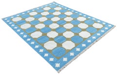 Handmade Cotton Area Flat Weave Rug, 8x10 Blue And Green Geometric Indian Rug
