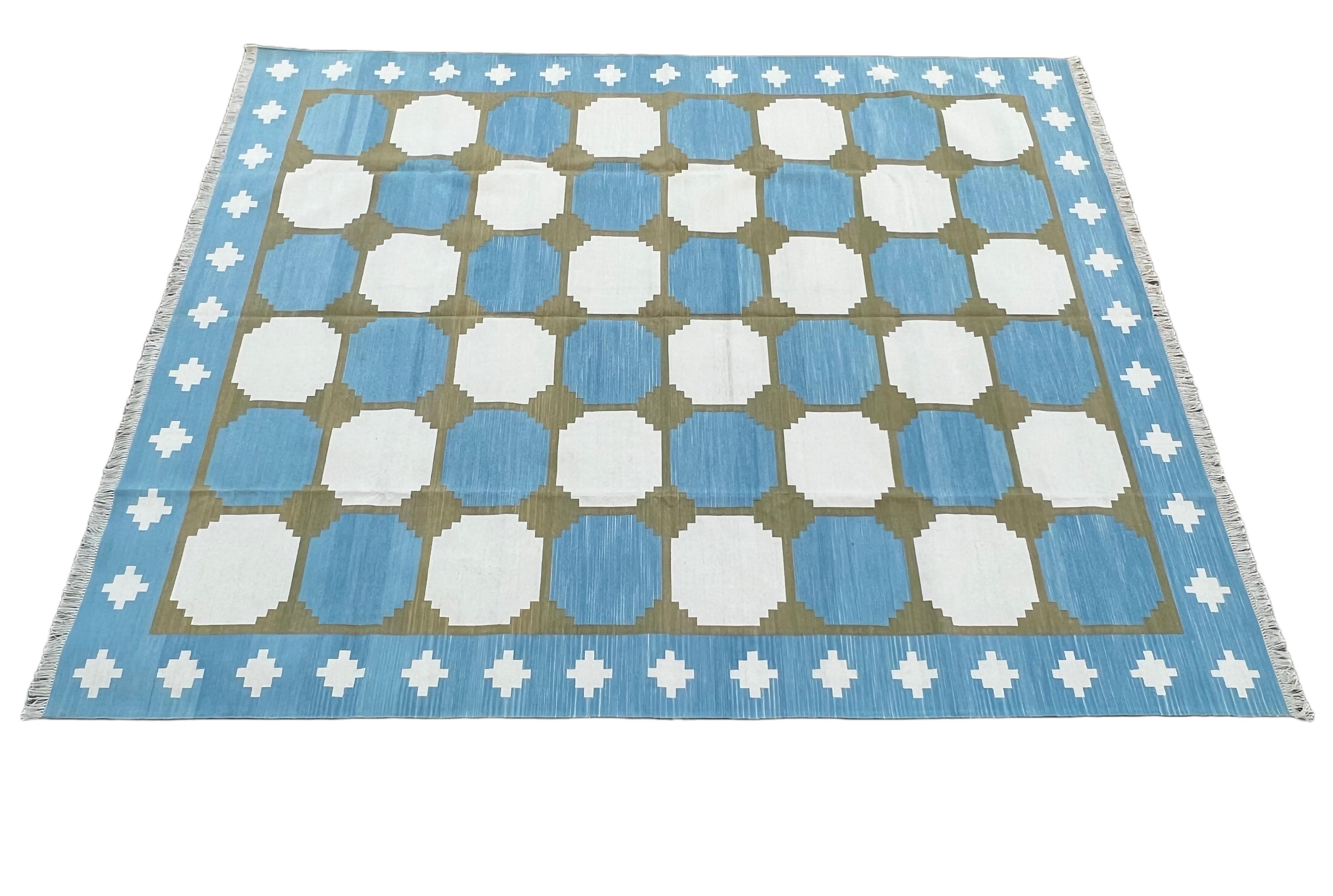 Hand-Woven Handmade Cotton Area Flat Weave Rug, 8x10 Blue And Green Geometric Indian Rug For Sale