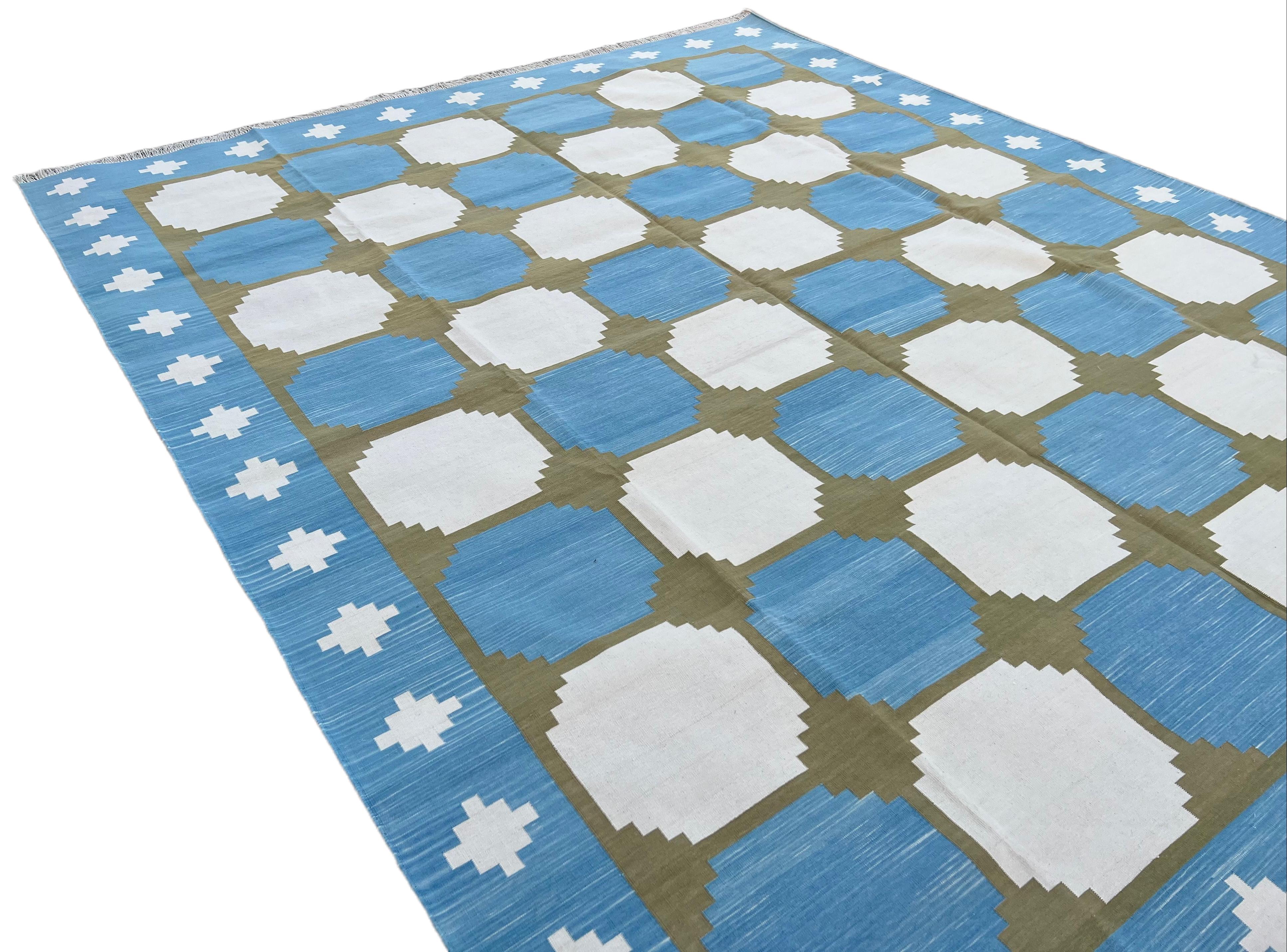 Handmade Cotton Area Flat Weave Rug, 8x10 Blue And Green Geometric Indian Rug For Sale 1