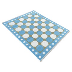 Tapis de sol en coton tissé à plat, 8x10 Tapis indien géométrique bleu et vert