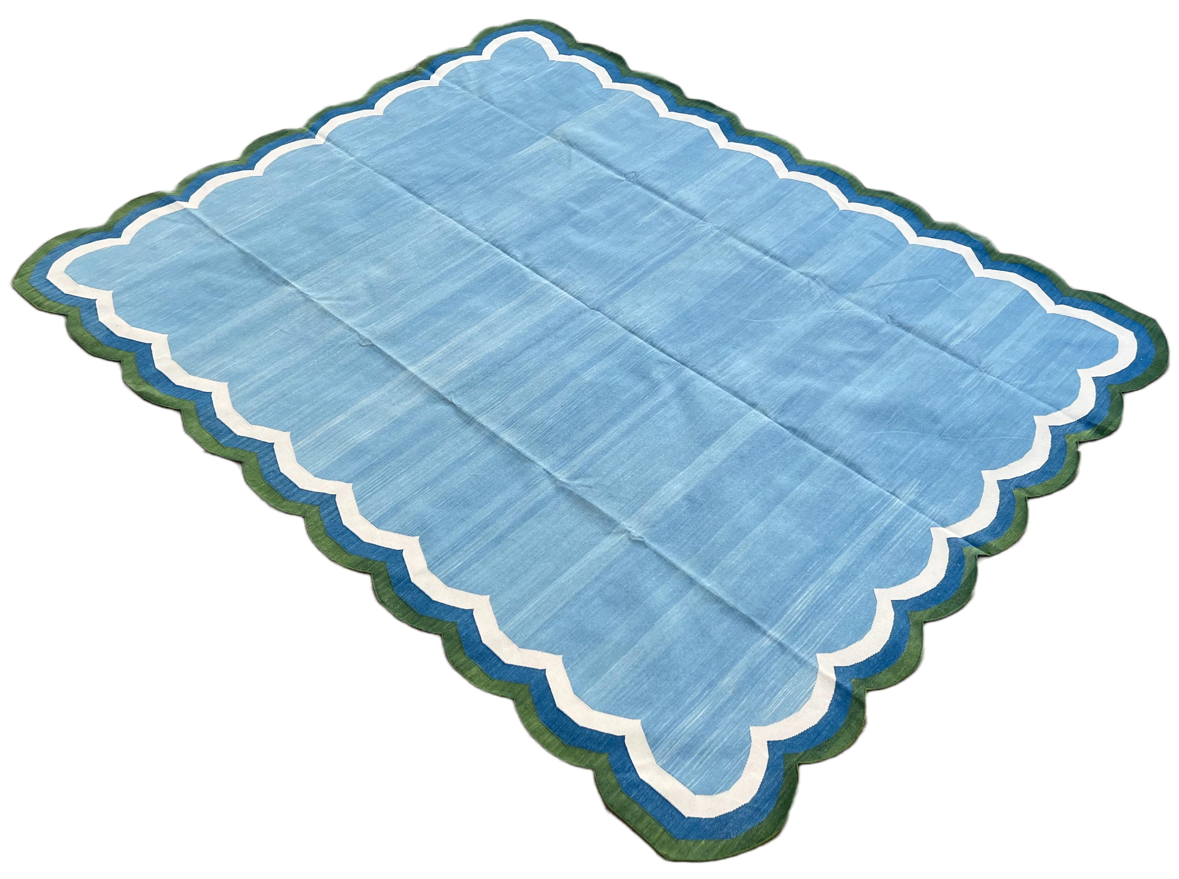 Handmade Cotton Area Flat Weave Rug, 8x10 Blue And Green Scallop Striped Dhurrie For Sale 3