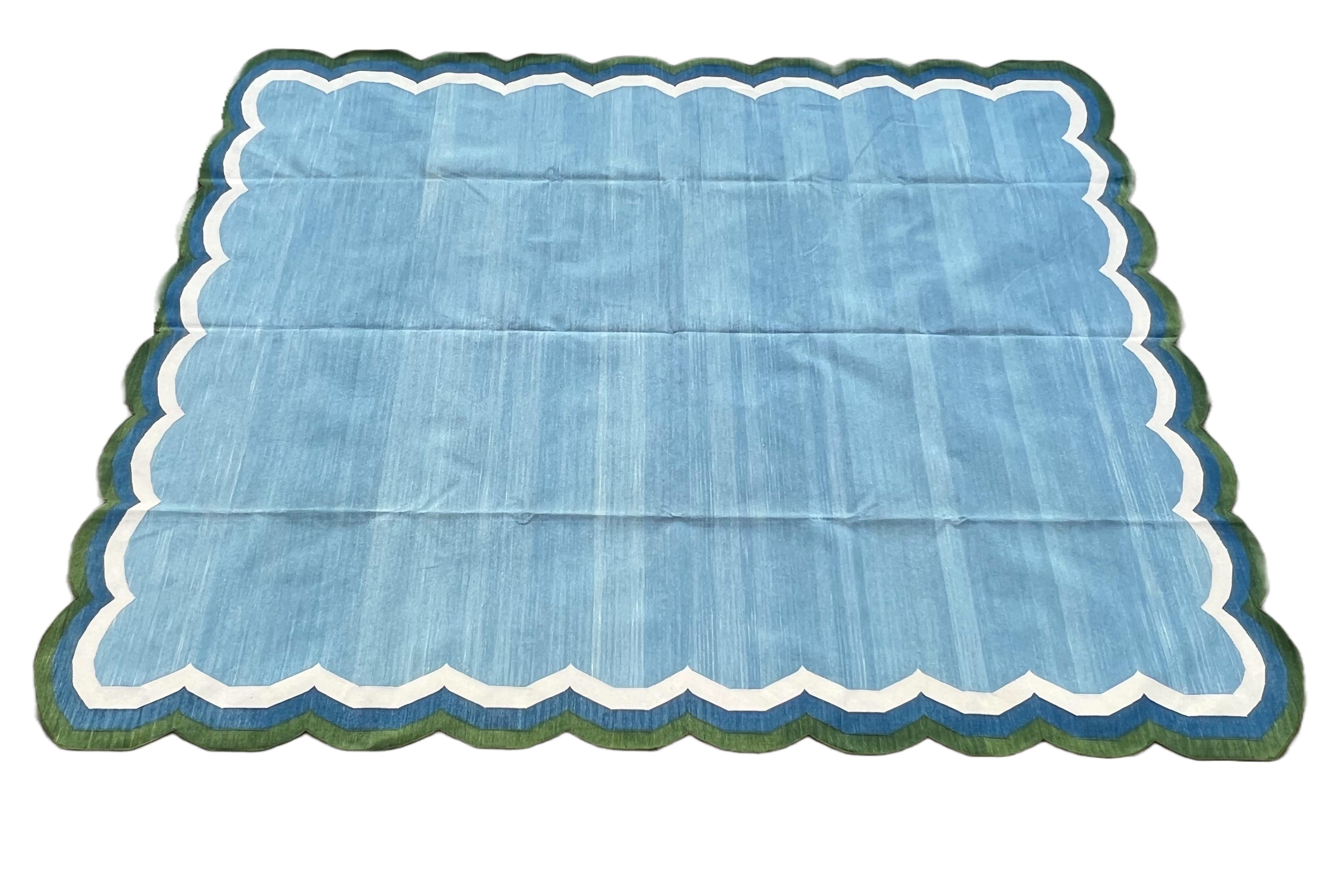 Handmade Cotton Area Flat Weave Rug, 8x10 Blue And Green Scallop Striped Dhurrie For Sale 4