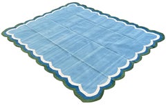 Handmade Cotton Area Flat Weave Rug, 8x10 Blue And Green Scallop Striped Dhurrie