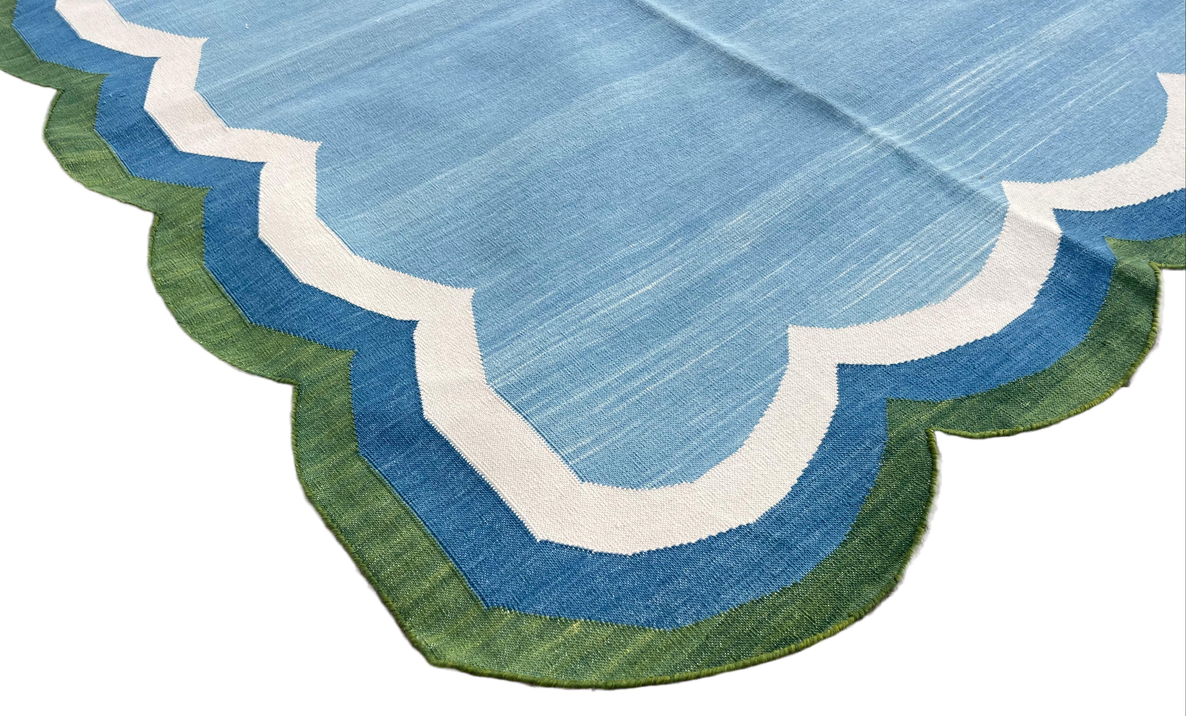 Mid-Century Modern Handmade Cotton Area Flat Weave Rug, 8x10 Blue And Green Scallop Striped Dhurrie For Sale