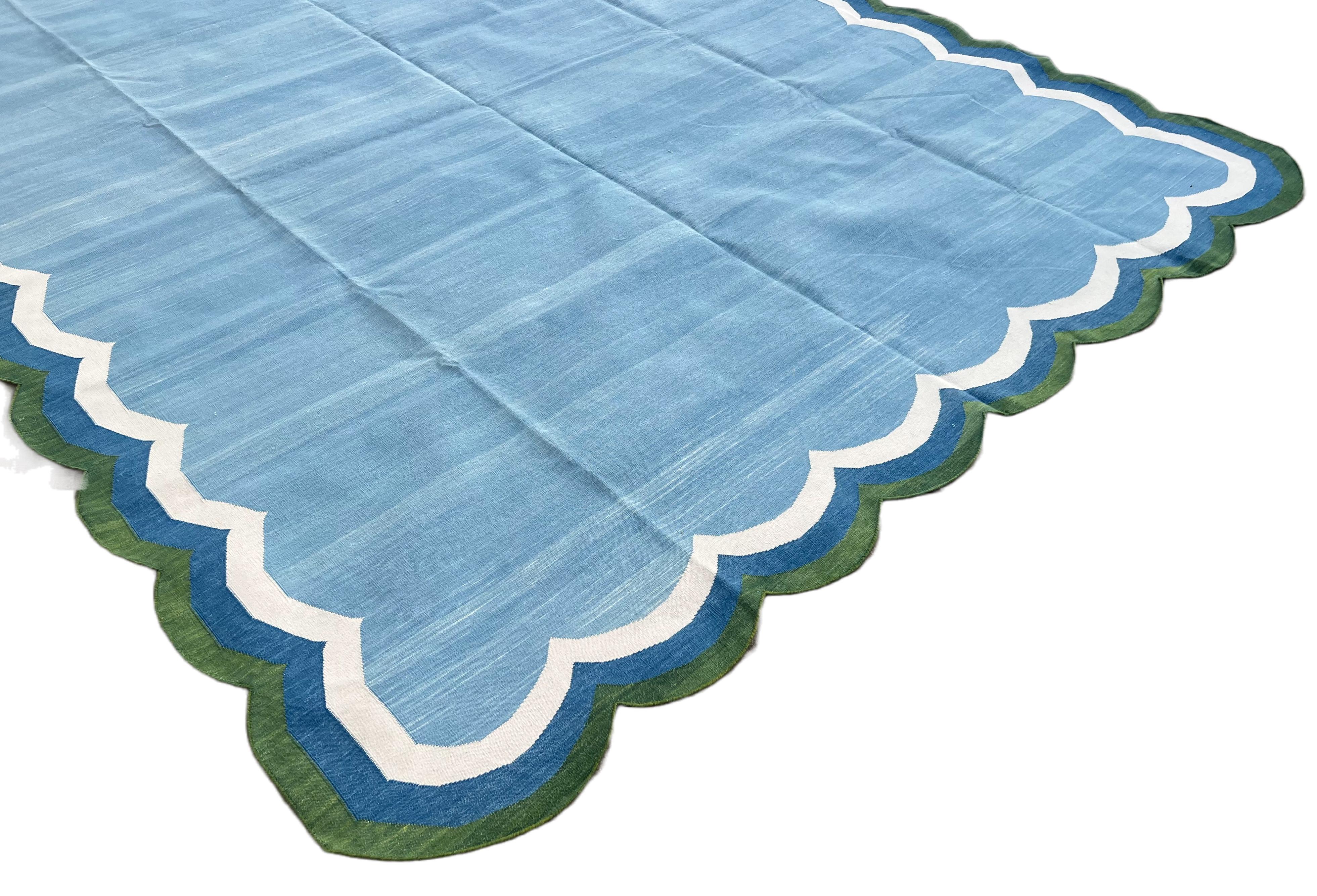 Indian Handmade Cotton Area Flat Weave Rug, 8x10 Blue And Green Scallop Striped Dhurrie For Sale