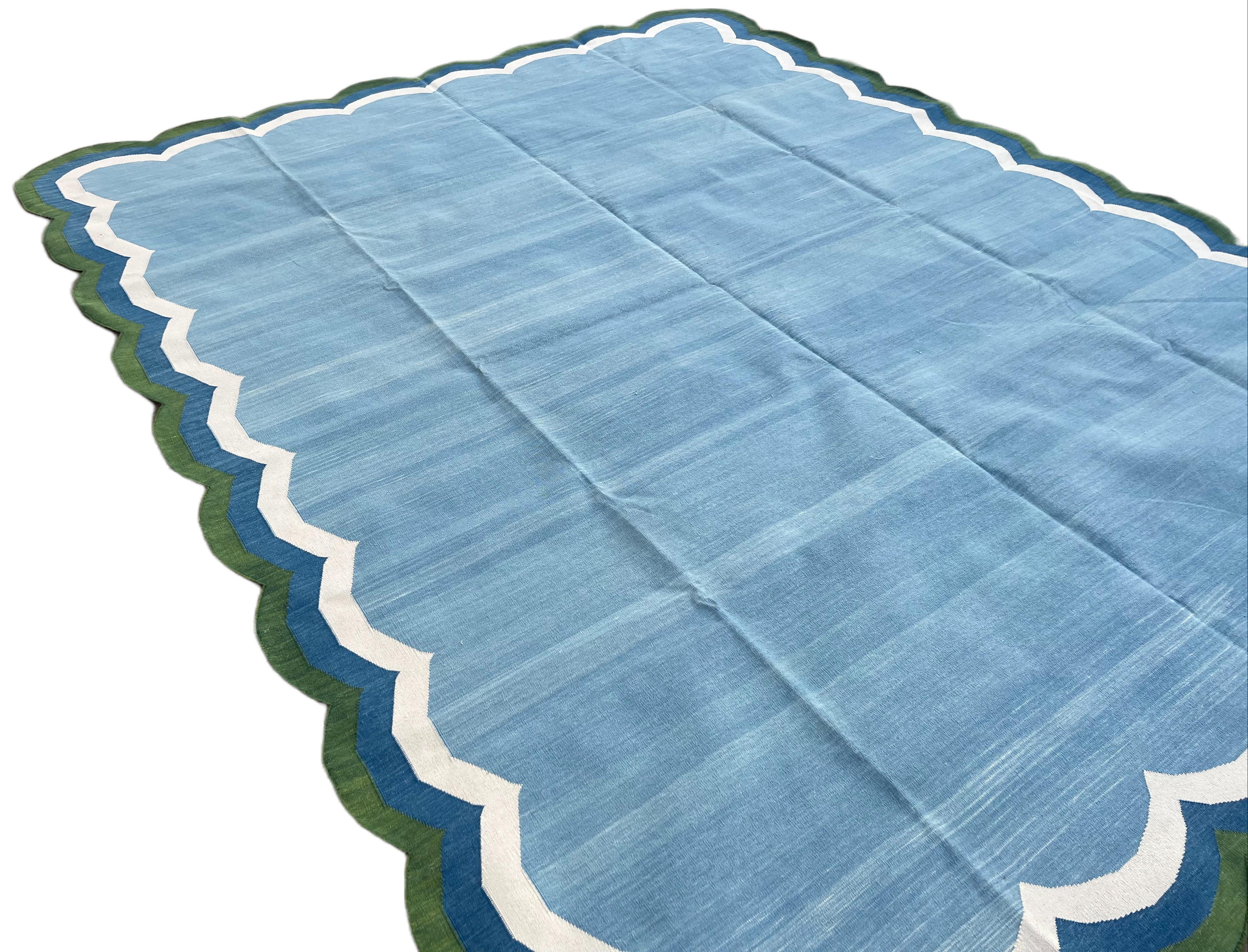 Hand-Woven Handmade Cotton Area Flat Weave Rug, 8x10 Blue And Green Scallop Striped Dhurrie For Sale