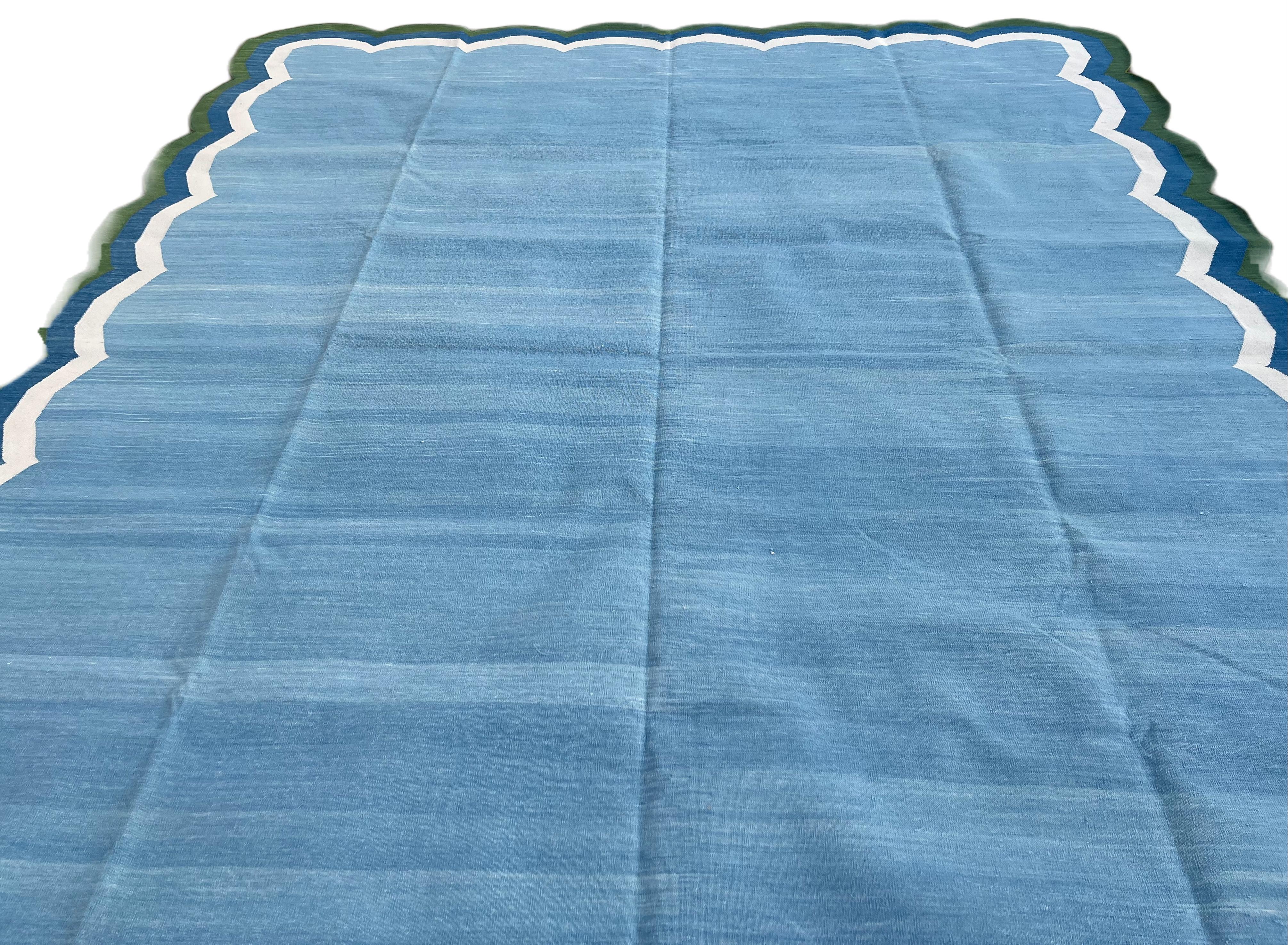 Handmade Cotton Area Flat Weave Rug, 8x10 Blue And Green Scallop Striped Dhurrie In New Condition For Sale In Jaipur, IN