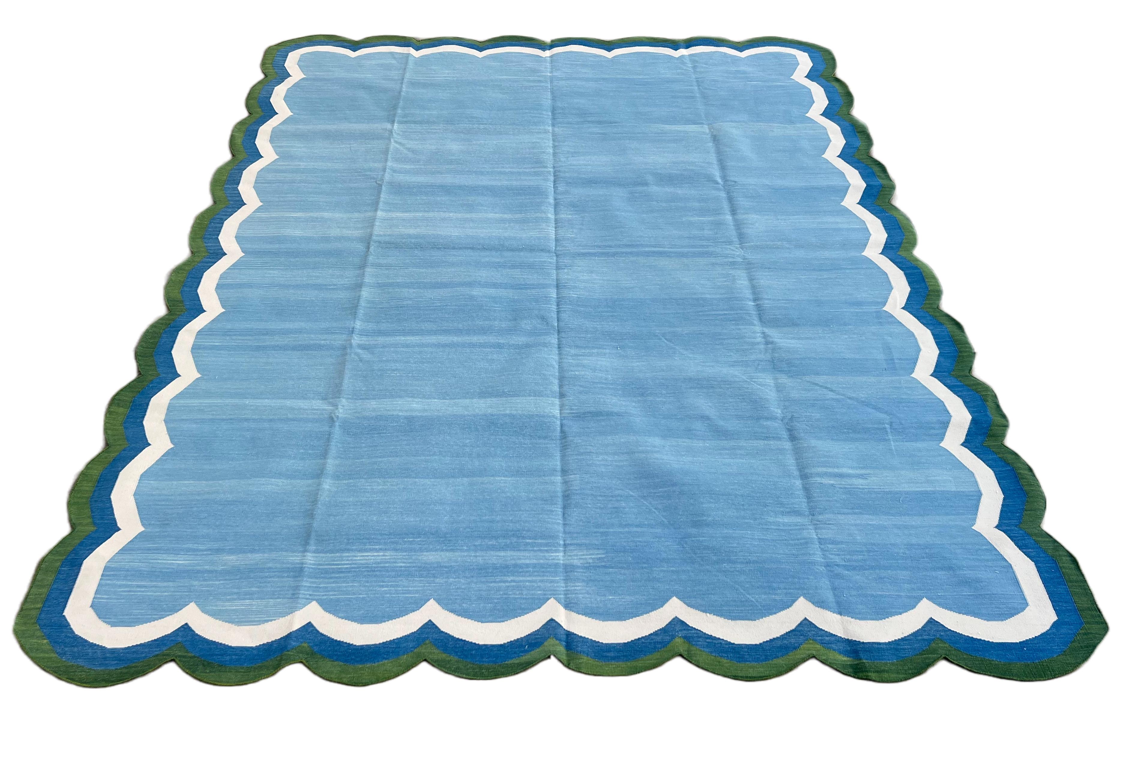 Contemporary Handmade Cotton Area Flat Weave Rug, 8x10 Blue And Green Scallop Striped Dhurrie For Sale