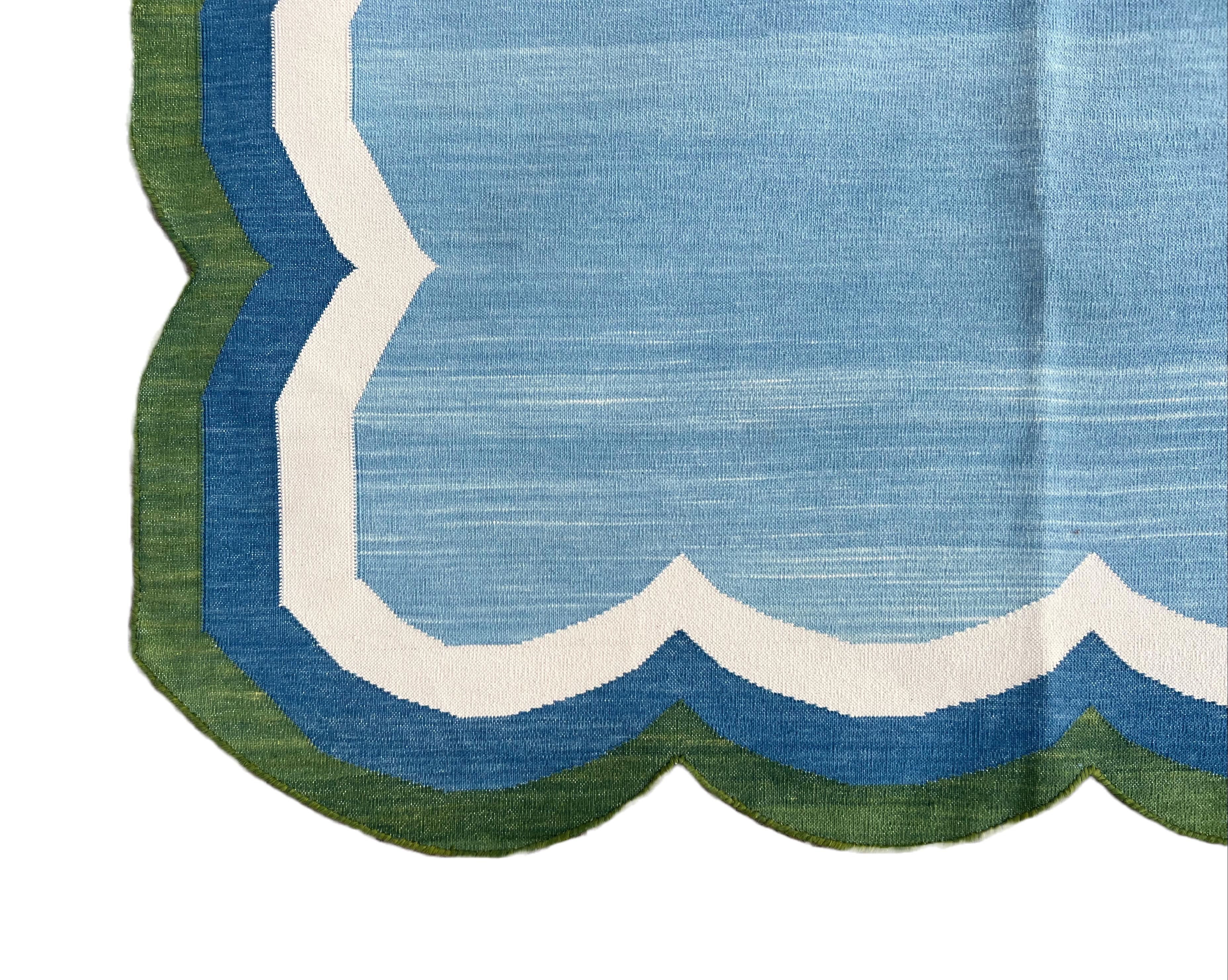 Handmade Cotton Area Flat Weave Rug, 8x10 Blue And Green Scallop Striped Dhurrie For Sale 1