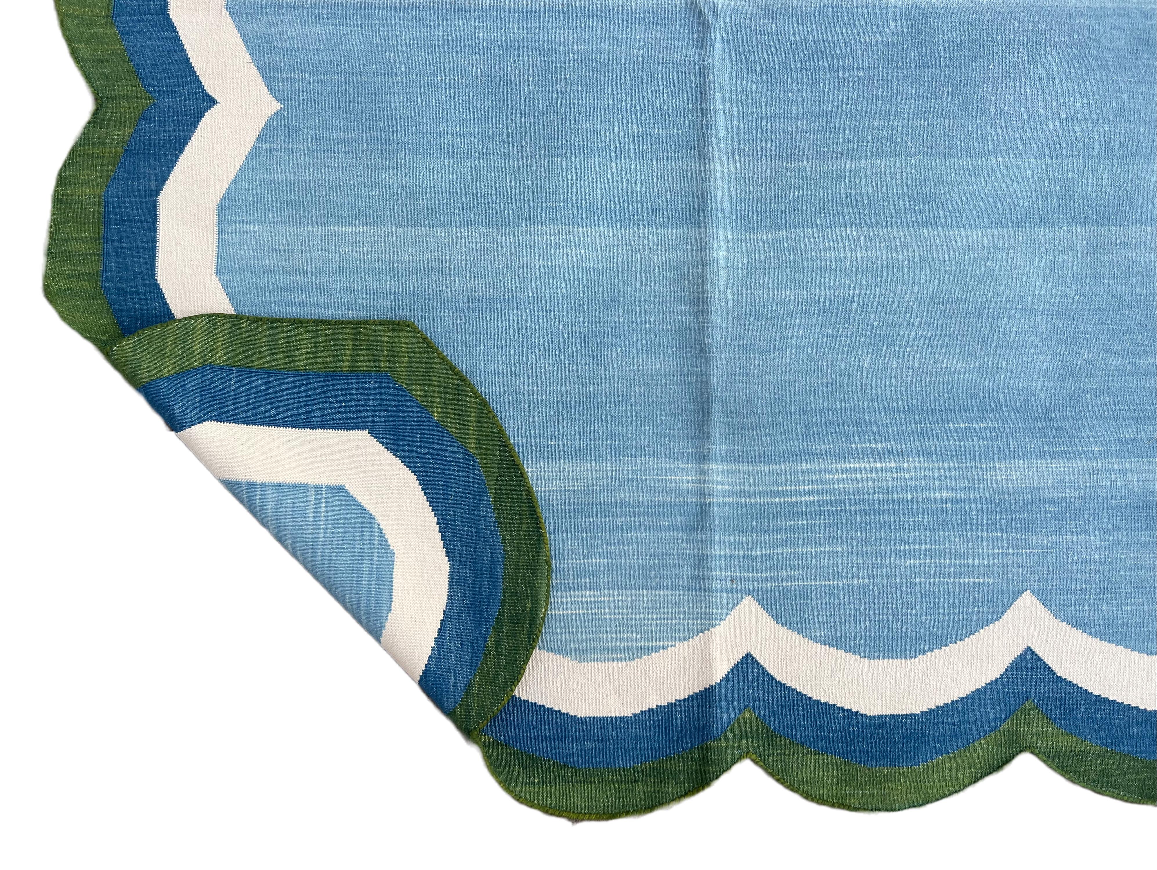 Handmade Cotton Area Flat Weave Rug, 8x10 Blue And Green Scallop Striped Dhurrie For Sale 2