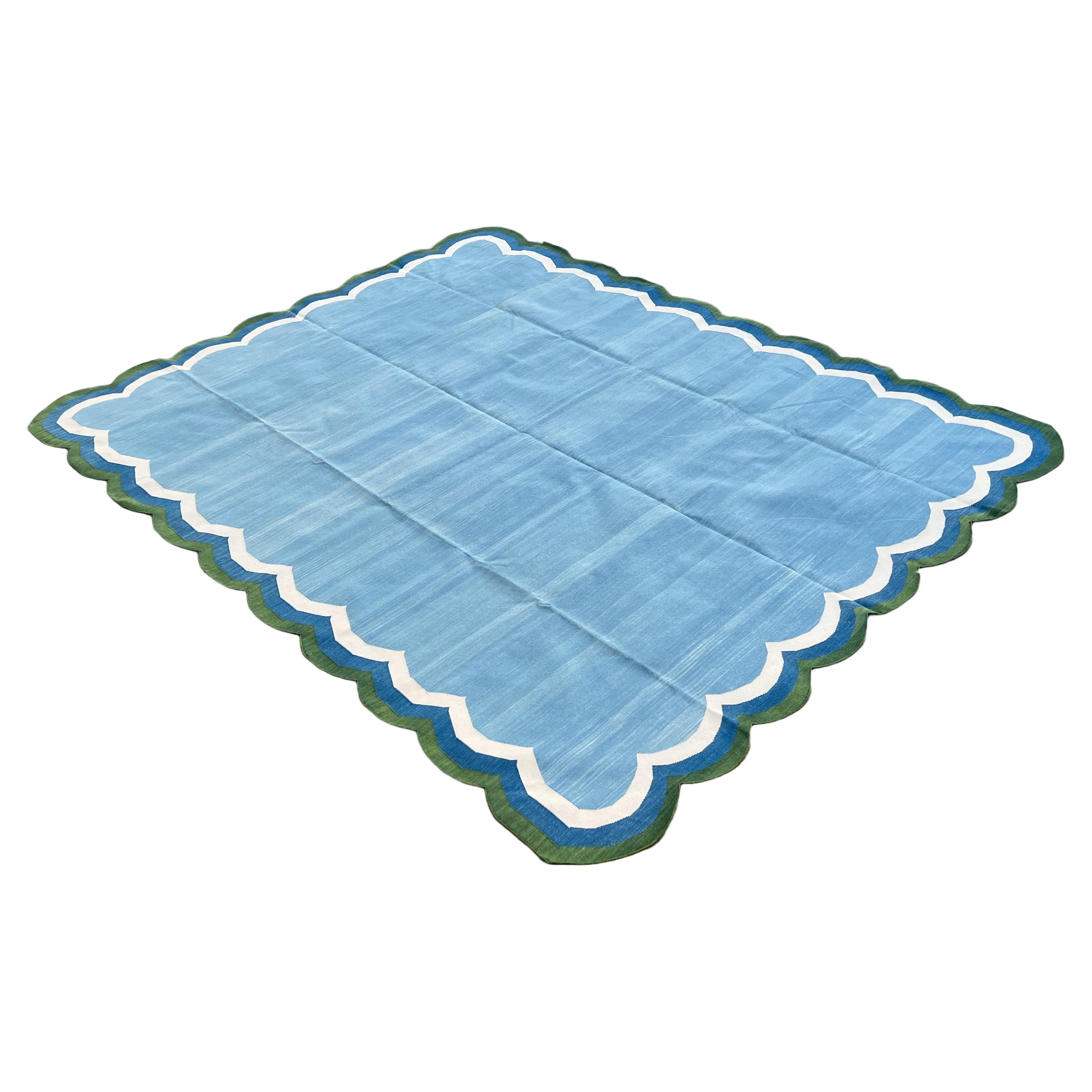 Handgefertigter Flachgewebe-Teppich aus Baumwolle, 8x10 Blauer und grüner Jakobsmuschel gestreifter Dhurrie