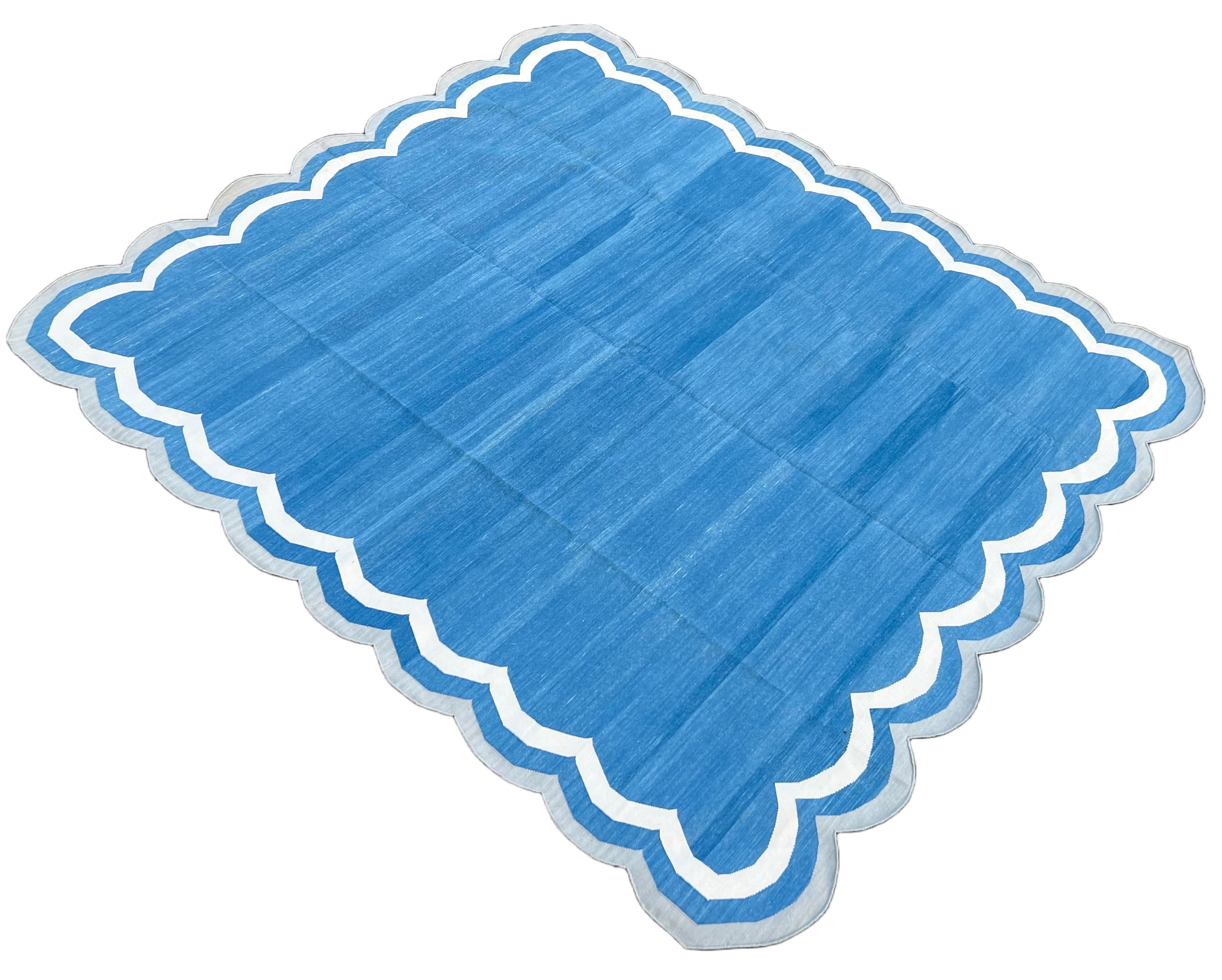 Handmade Cotton Area Flat Weave Rug, 8x10 Blue And Grey Scalloped Stripe Dhurrie For Sale 3