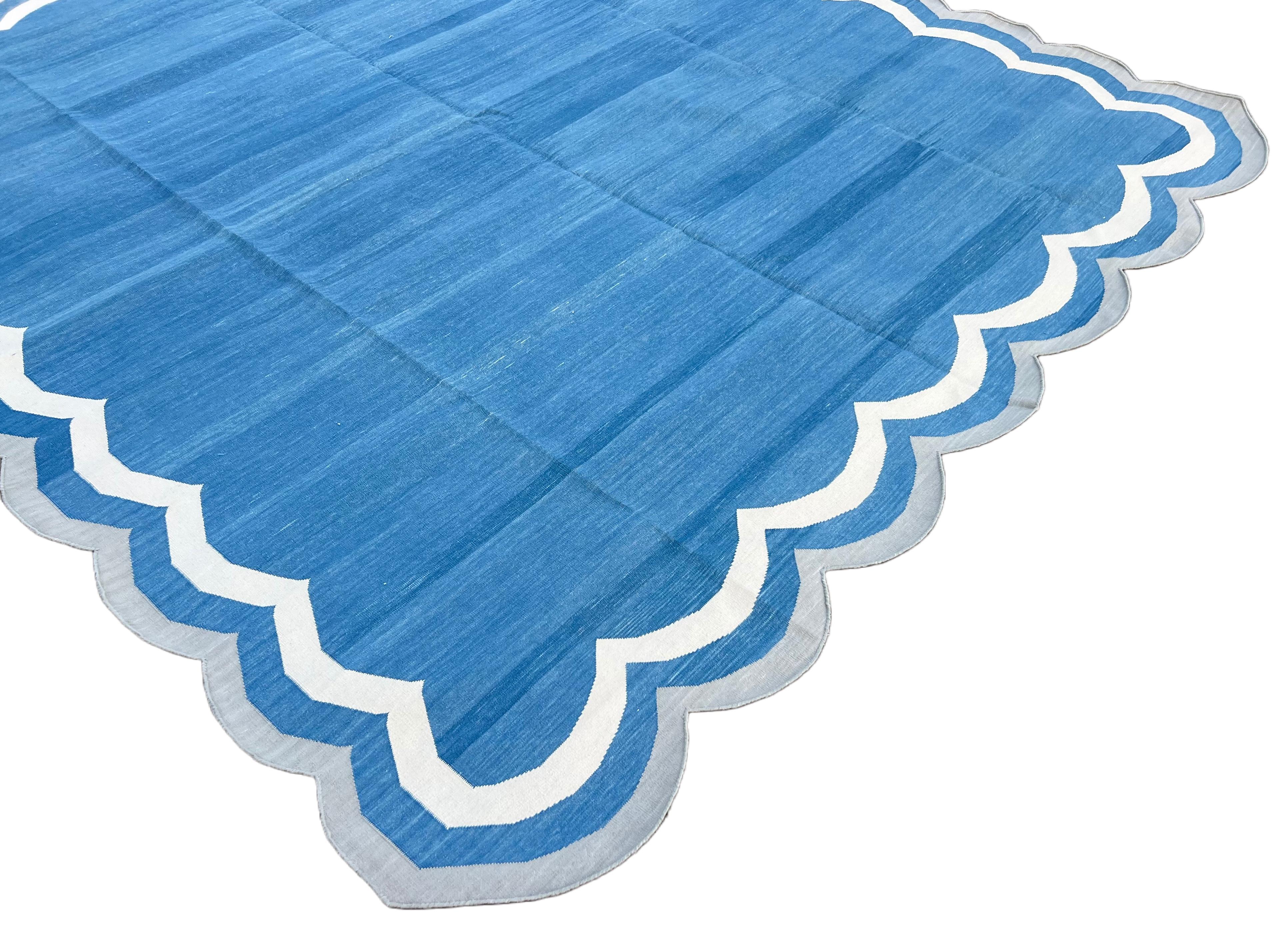 Mid-Century Modern Handmade Cotton Area Flat Weave Rug, 8x10 Blue And Grey Scalloped Stripe Dhurrie For Sale