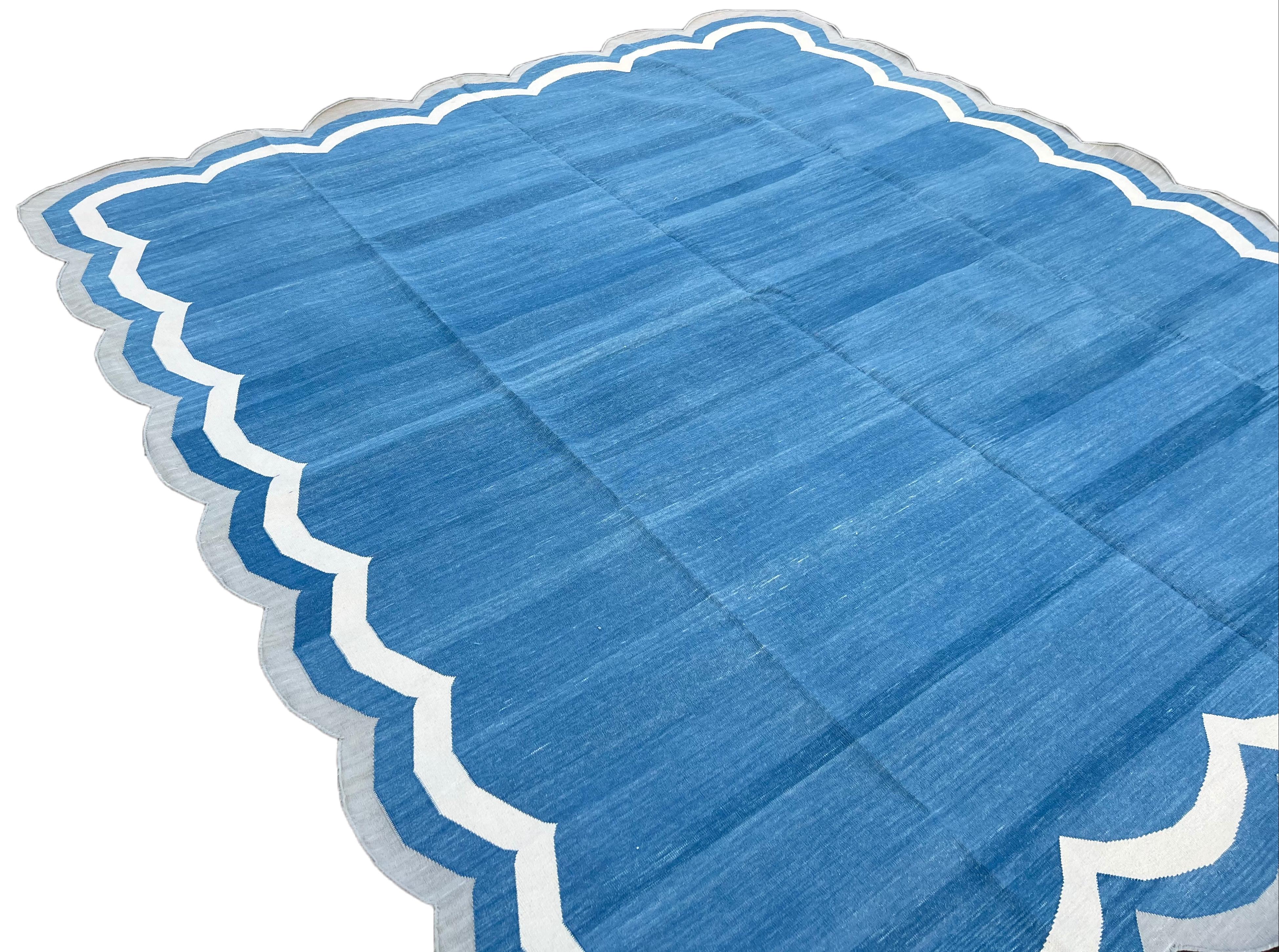 Indian Handmade Cotton Area Flat Weave Rug, 8x10 Blue And Grey Scalloped Stripe Dhurrie For Sale