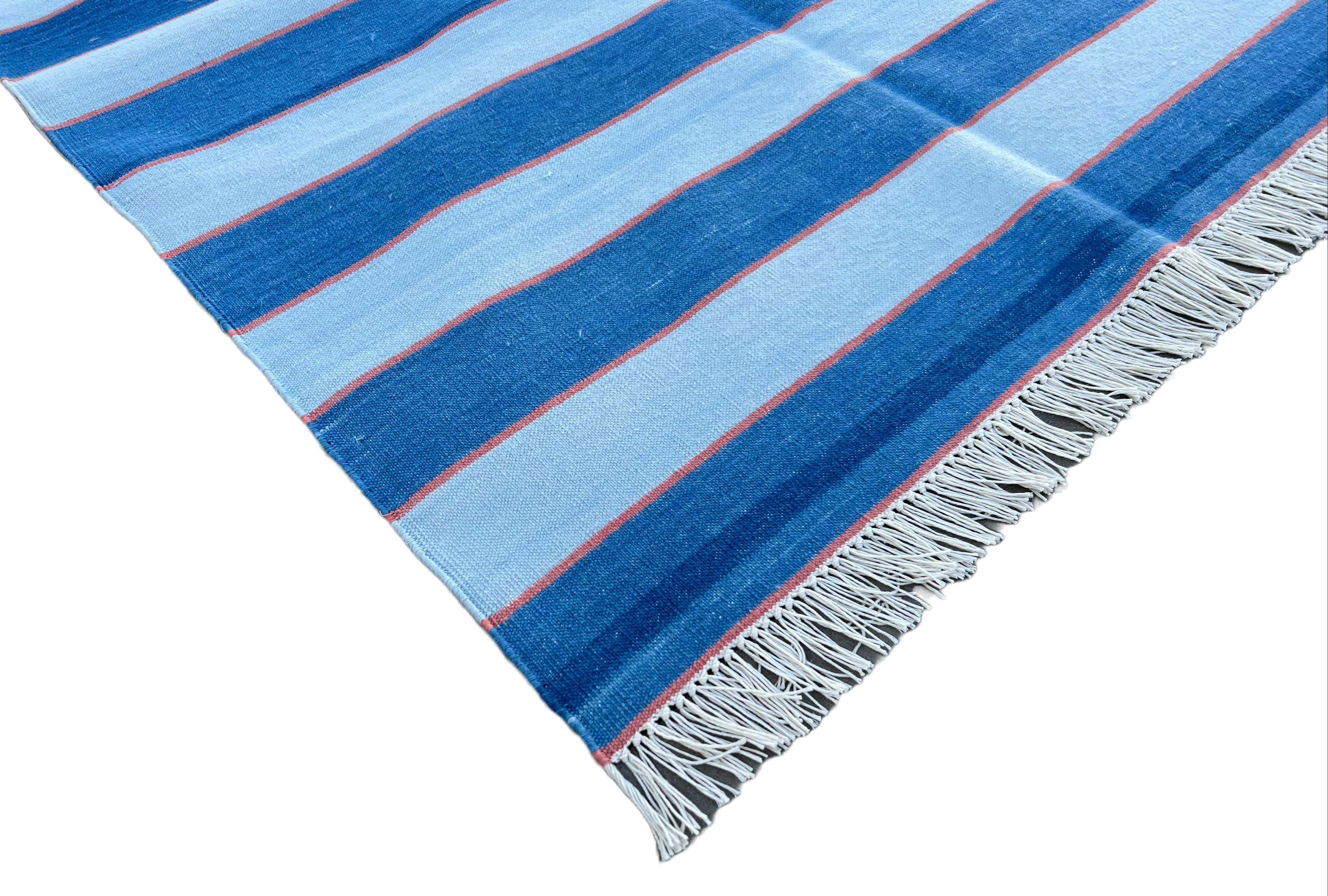 Mid-Century Modern Handmade Cotton Area Flat Weave Rug, 8x10 Blue And Orange Striped Indian Dhurrie For Sale