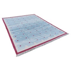 Handmade Cotton Area Flat Weave Rug, 8x10 Blue And Pink Geometric Indian Dhurrie