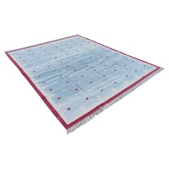 Handmade Cotton Area Flat Weave Rug, 8x10 Blue And Pink Geometric Indian Dhurrie Handmade Cotton Area Flat Weave Rug, 8x10 Blue And Pink Geometric Indian Dhurrie