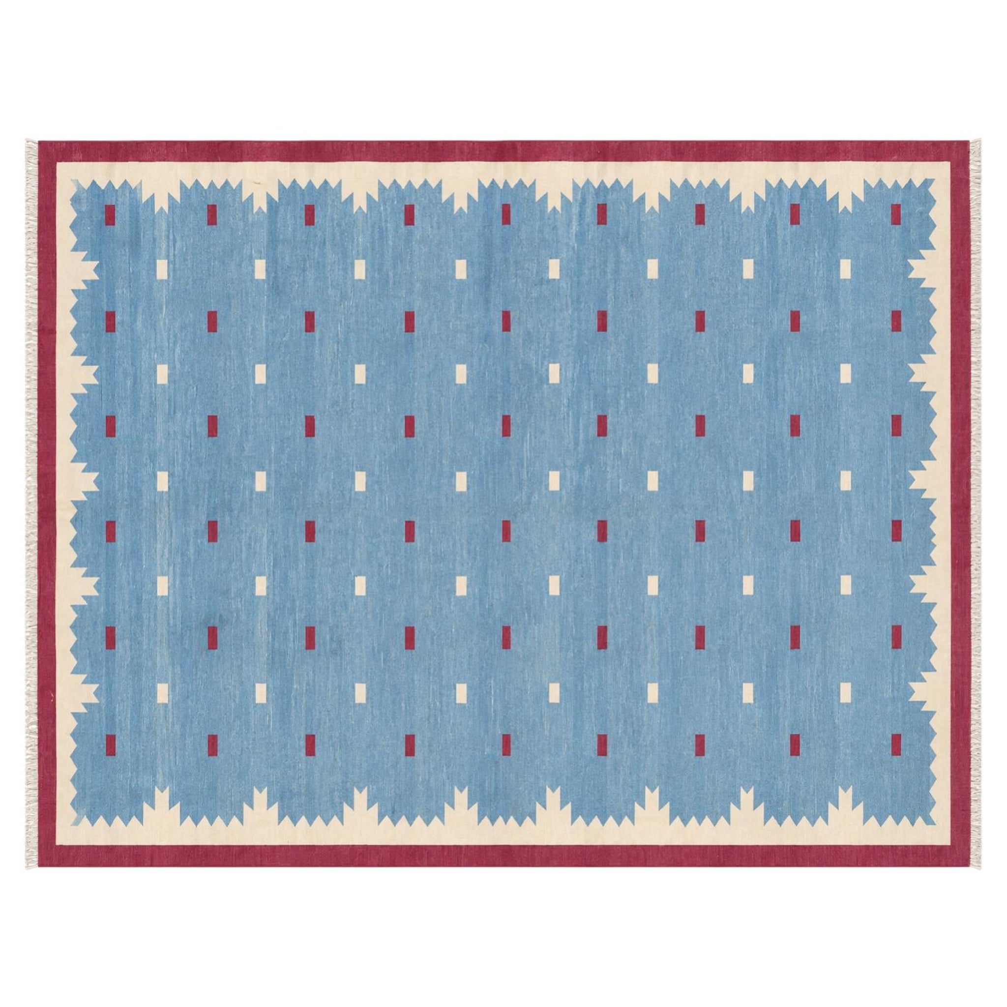 1stDibs Handmade Cotton Area Flat Weave Rug, 8x10 Blue And Pink Geometric Indian Dhurrie