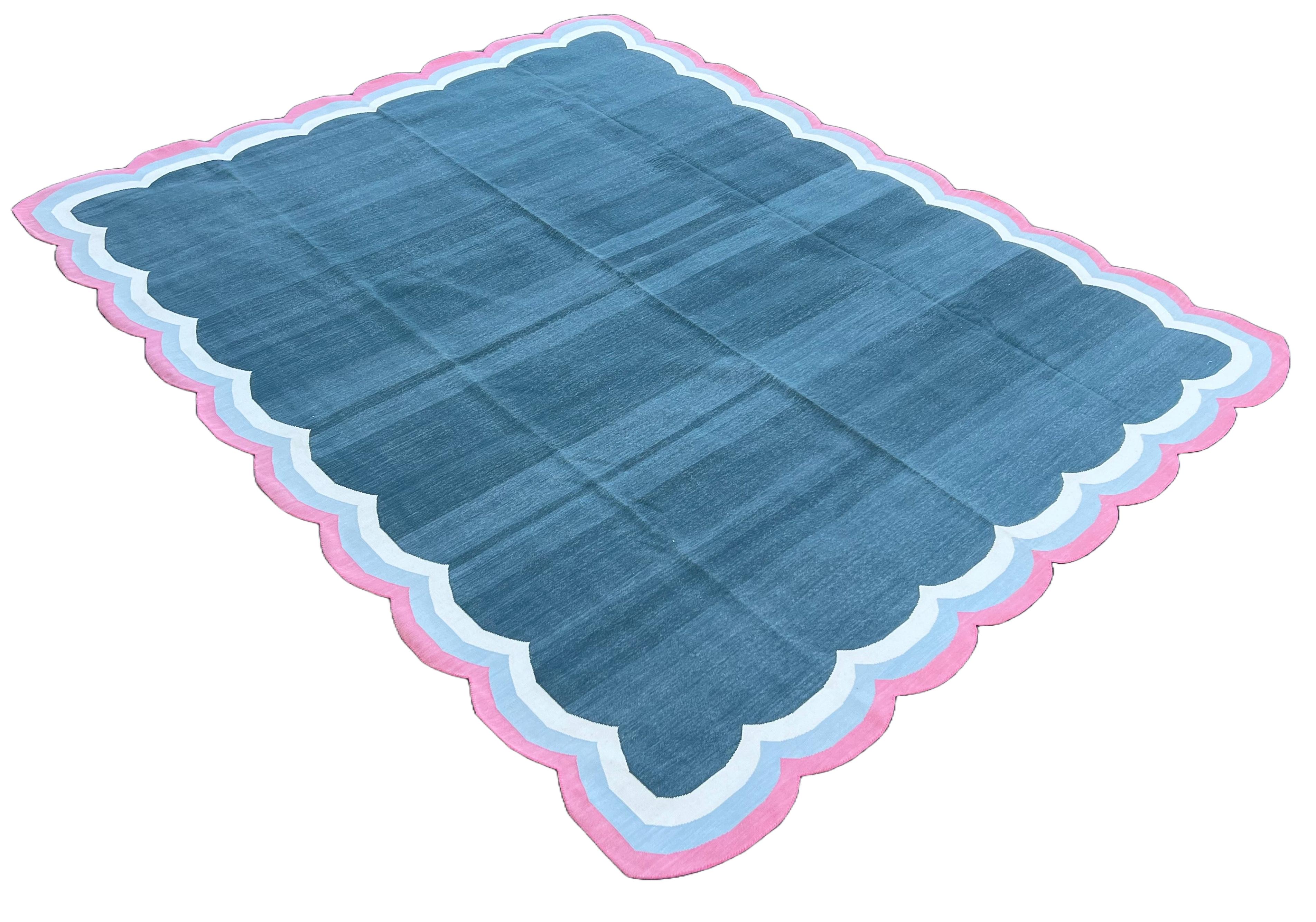 Cotton Vegetable Dyed Blue, Cream, Sky Blue And Pink Four Sided Scalloped Rug-8'x10' 
(Scallops runs all four Sides)
These special flat-weave dhurries are hand-woven with 15 ply 100% cotton yarn. Due to the special manufacturing techniques used to