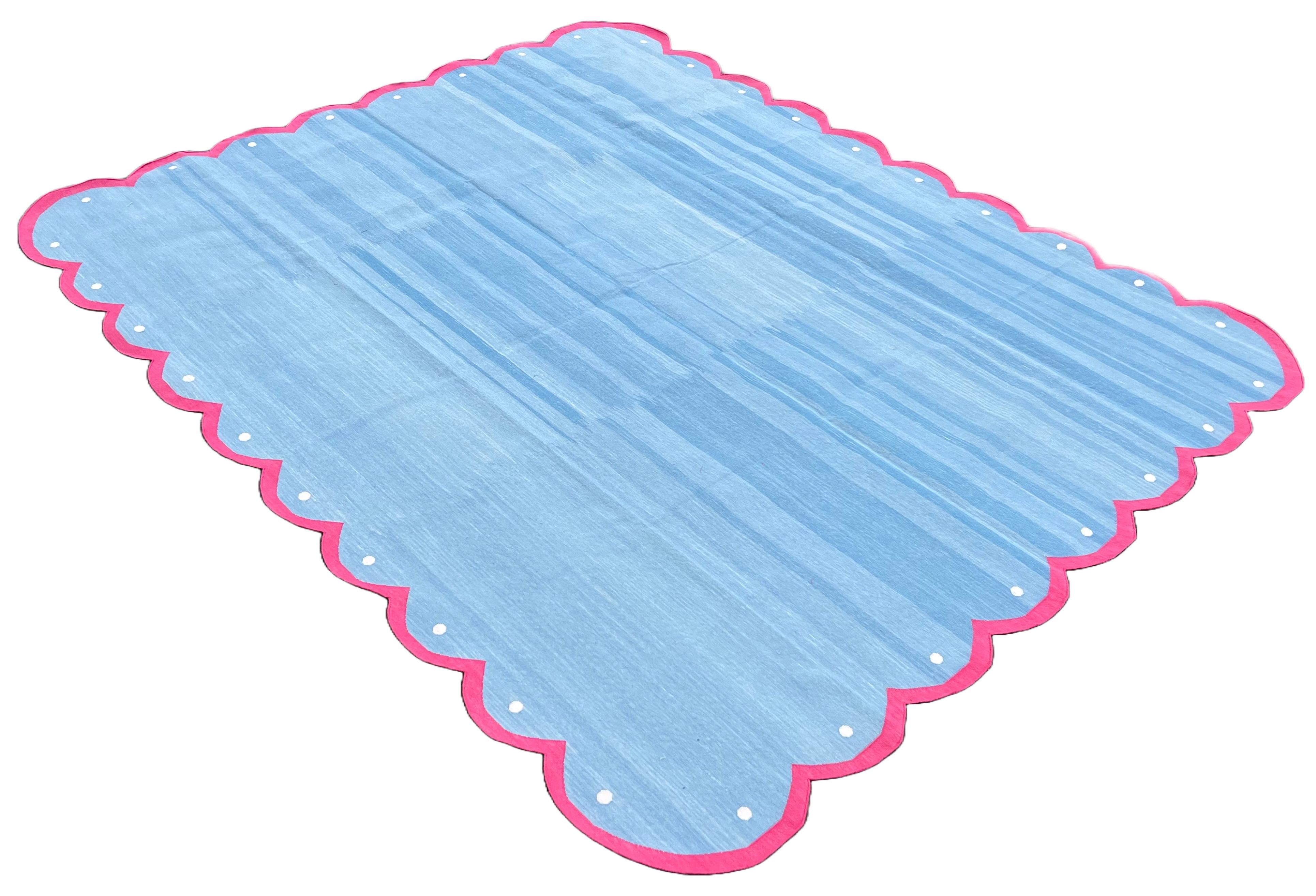 Cotton Vegetable Dyed Sky Blue, Cream And Pink Four Sided Scalloped Rug-8'x10' 
(Scallops runs all four Sides)
These special flat-weave dhurries are hand-woven with 15 ply 100% cotton yarn. Due to the special manufacturing techniques used to create