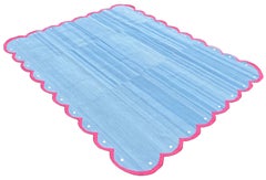 Handmade Cotton Area Flat Weave Rug, 8x10 Blue And Pink Scalloped Indian Dhurrie