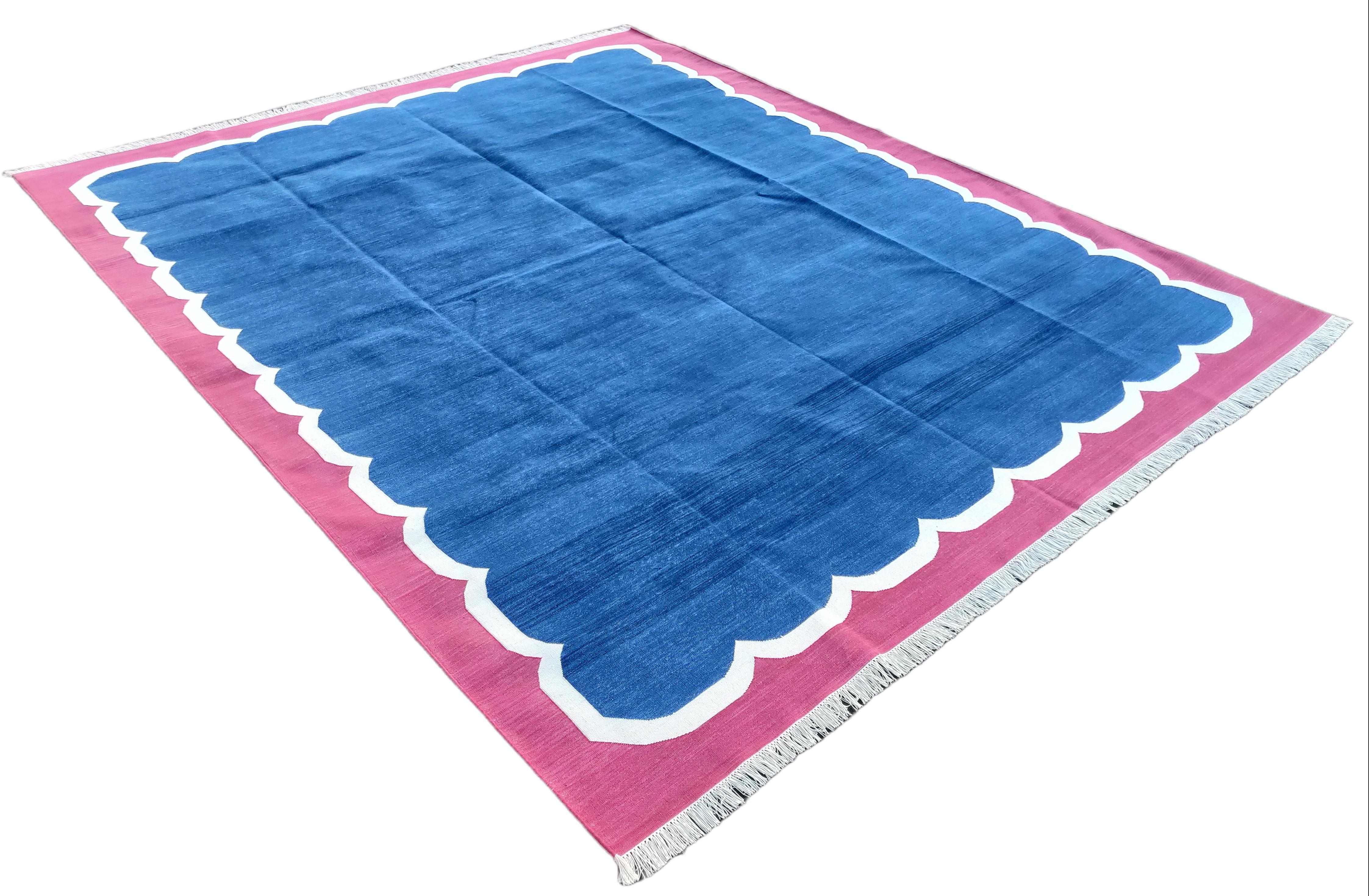 Cotton Vegetable Dyed Navy Blue And Raspberry Pink Scalloped Striped Indian Dhurrie Rug-8'x10' 
These special flat-weave dhurries are hand-woven with 15 ply 100% cotton yarn. Due to the special manufacturing techniques used to create our rugs, the