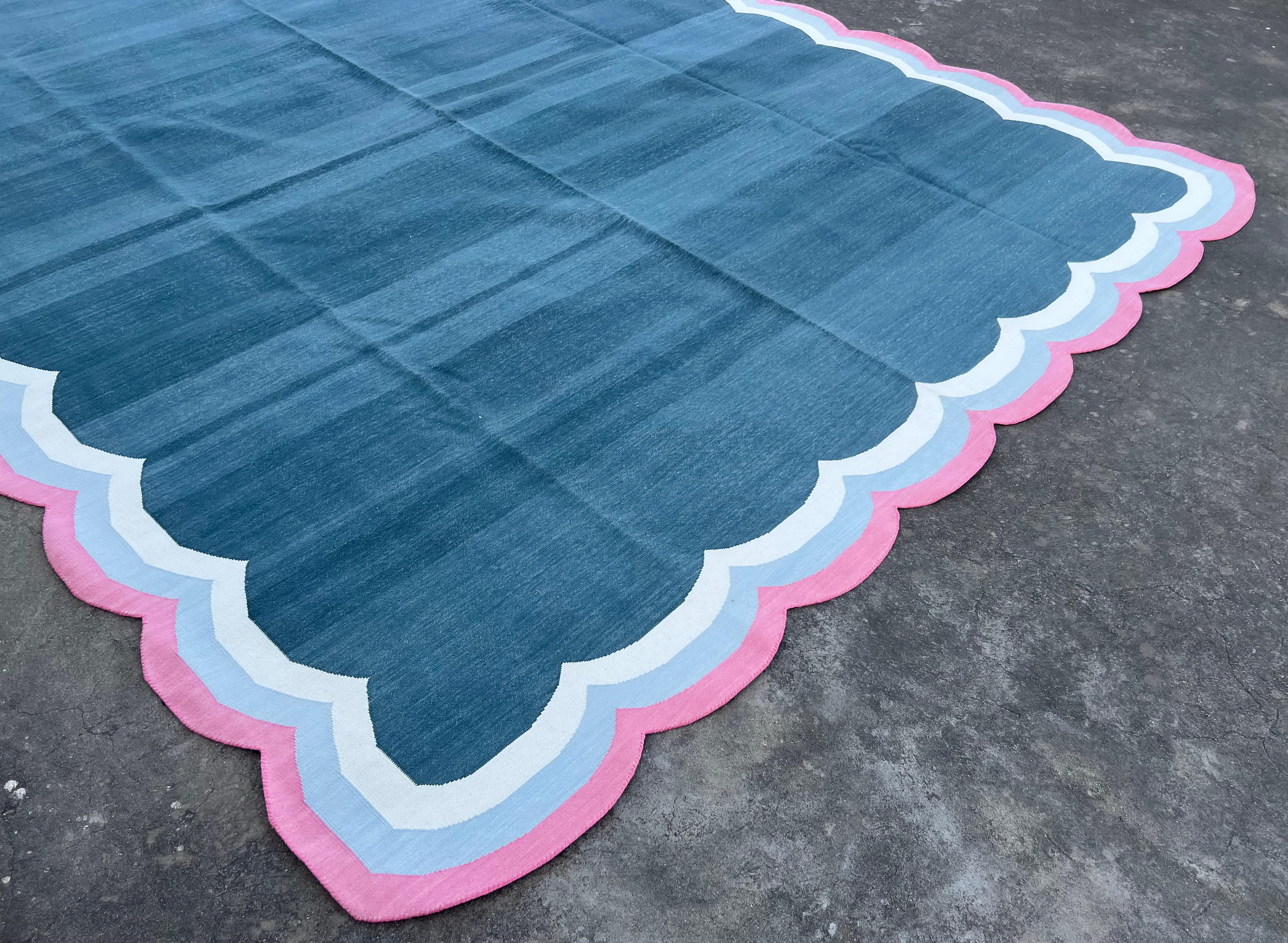 Hand-Woven Handmade Cotton Area Flat Weave Rug, 8x10 Blue And Pink Scalloped Indian Dhurrie For Sale