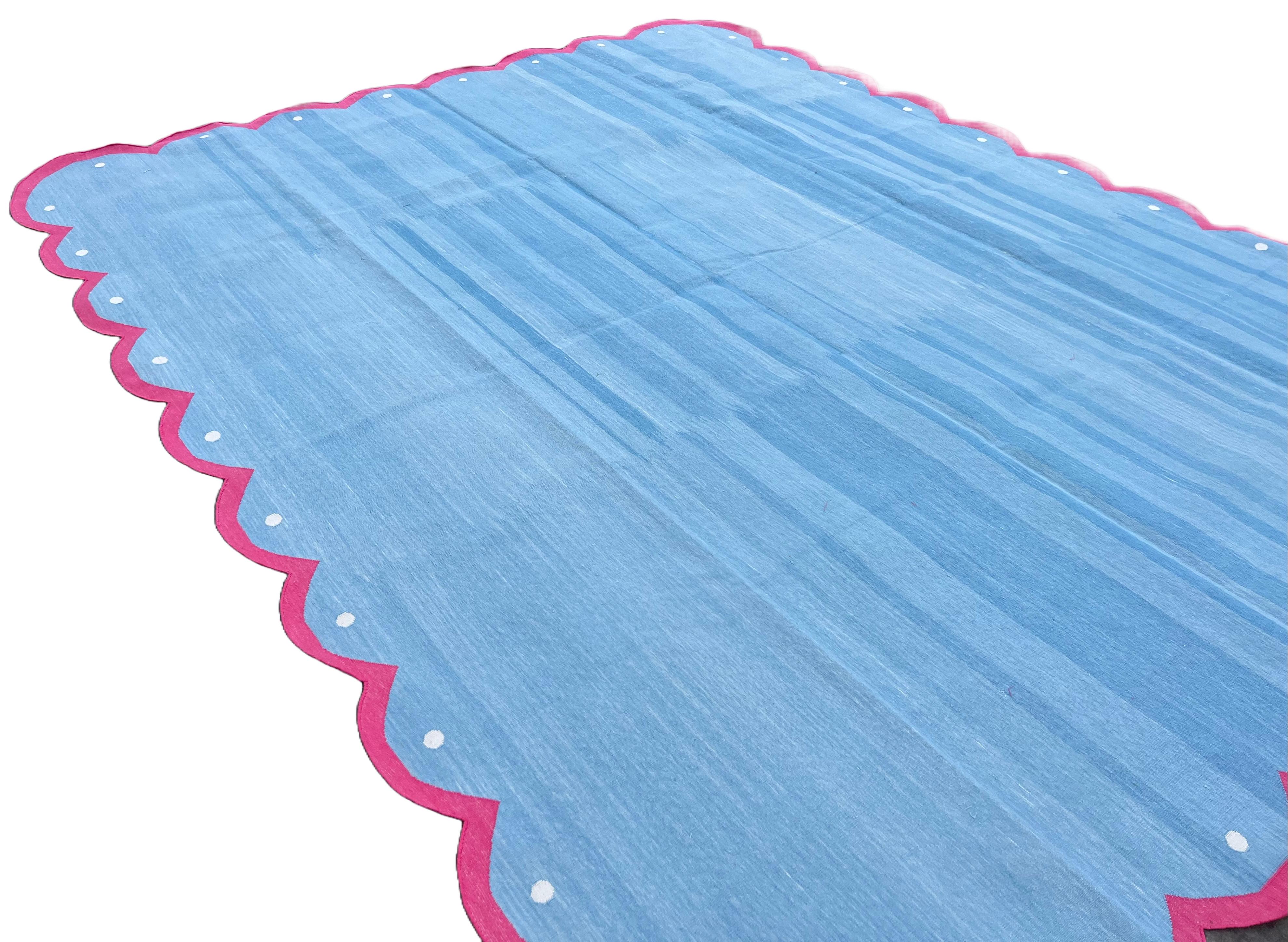 Handmade Cotton Area Flat Weave Rug, 8x10 Blue And Pink Scalloped Indian Dhurrie For Sale 1