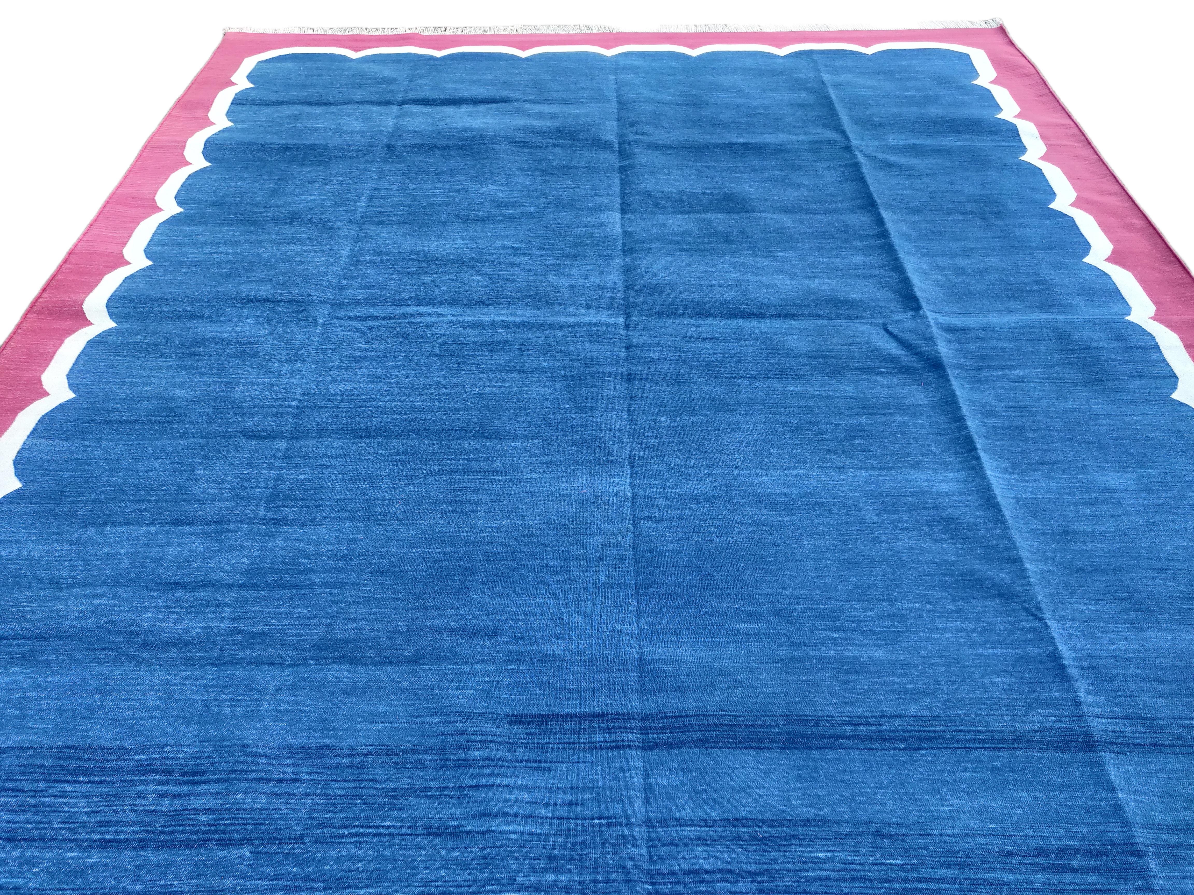 Handmade Cotton Area Flat Weave Rug, 8x10 Blue And Pink Scalloped Indian Dhurrie For Sale 1