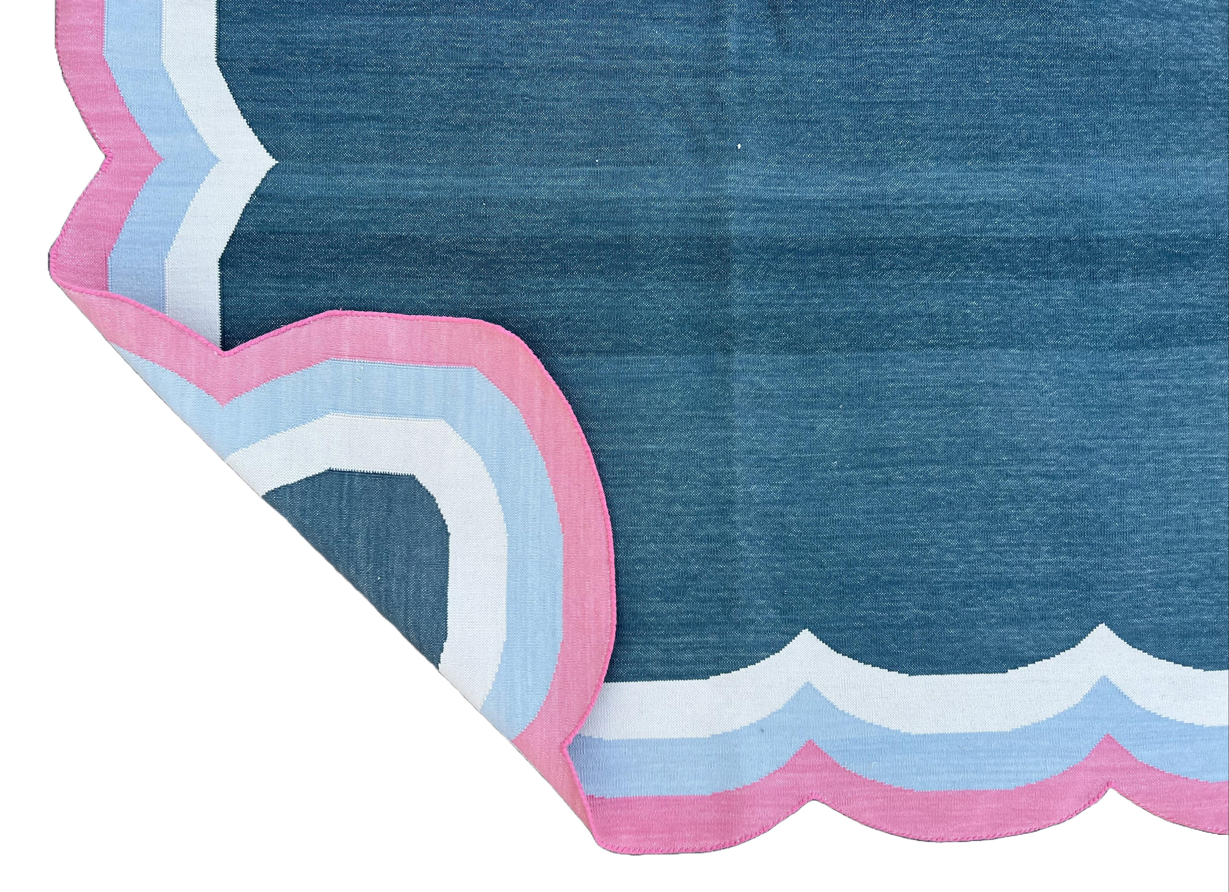 Contemporary Handmade Cotton Area Flat Weave Rug, 8x10 Blue And Pink Scalloped Indian Dhurrie For Sale