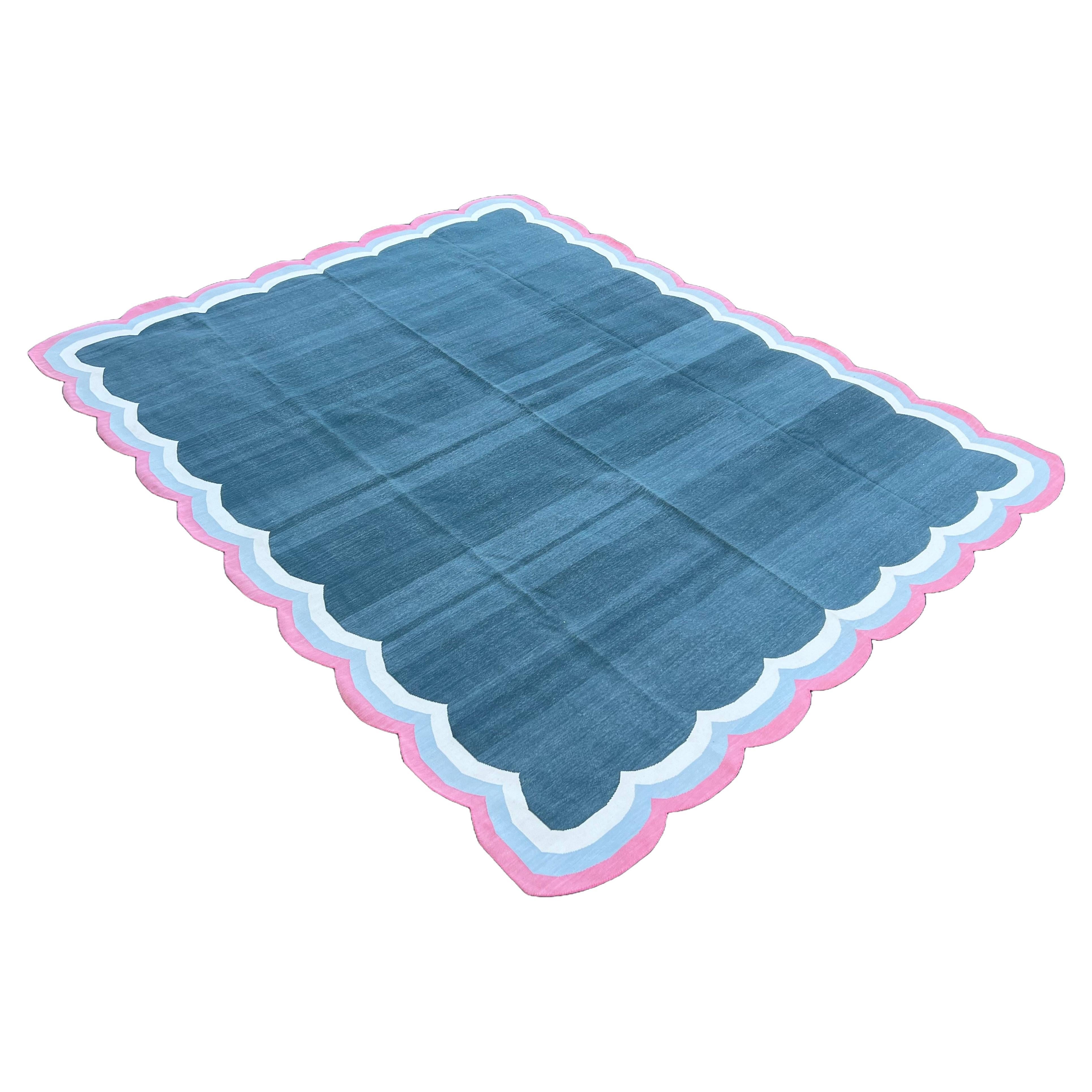 Handmade Cotton Area Flat Weave Rug, 8x10 Blue And Pink Scalloped Indian Dhurrie For Sale