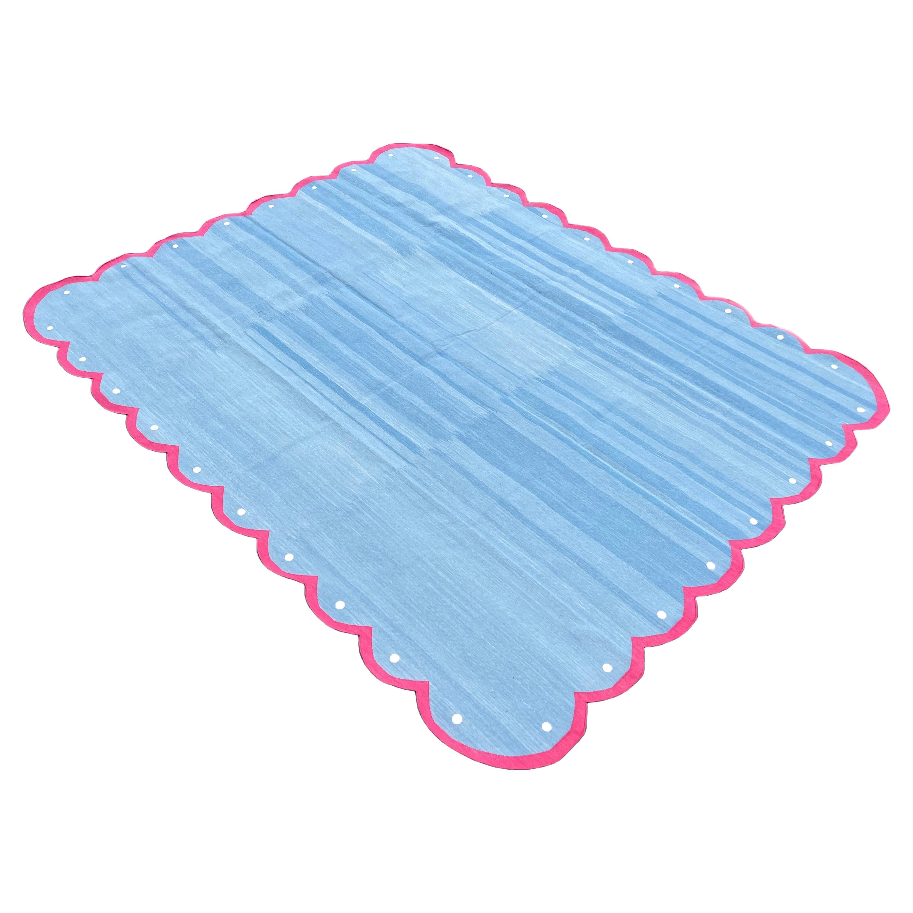 Handmade Cotton Area Flat Weave Rug, 8x10 Blue And Pink Scalloped Indian Dhurrie For Sale