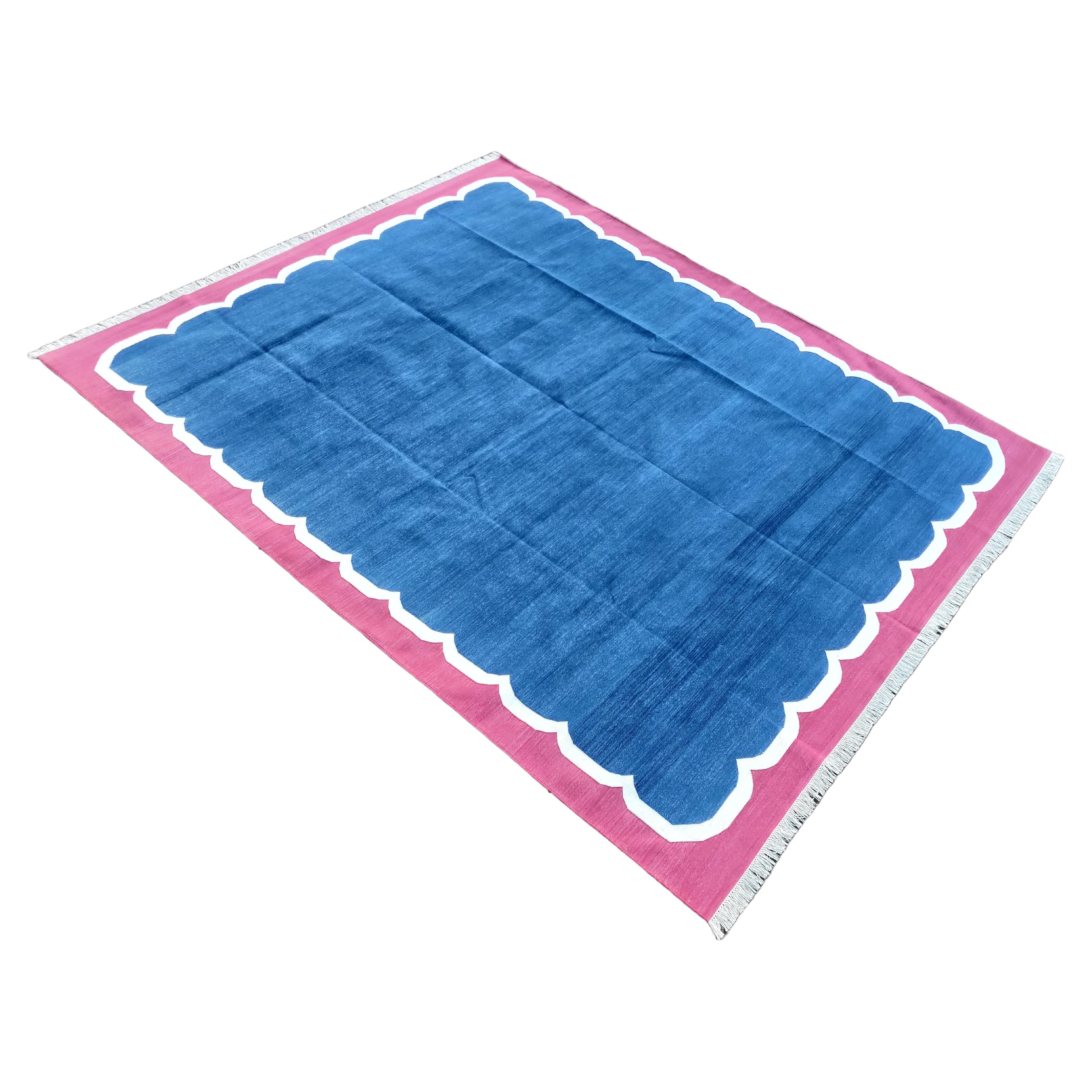 Handmade Cotton Area Flat Weave Rug, 8x10 Blue And Pink Scalloped Indian Dhurrie For Sale