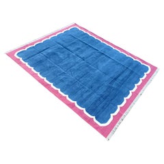 Handgefertigter flacher Baumwollteppich mit Flachgewebe, 8x10 Blauer und rosafarbener Wellenschliff indischer Dhurrie