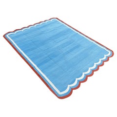 Handmade Cotton Area Flat Weave Rug, 8x10 Blue And Red Scalloped Indian Dhurrie