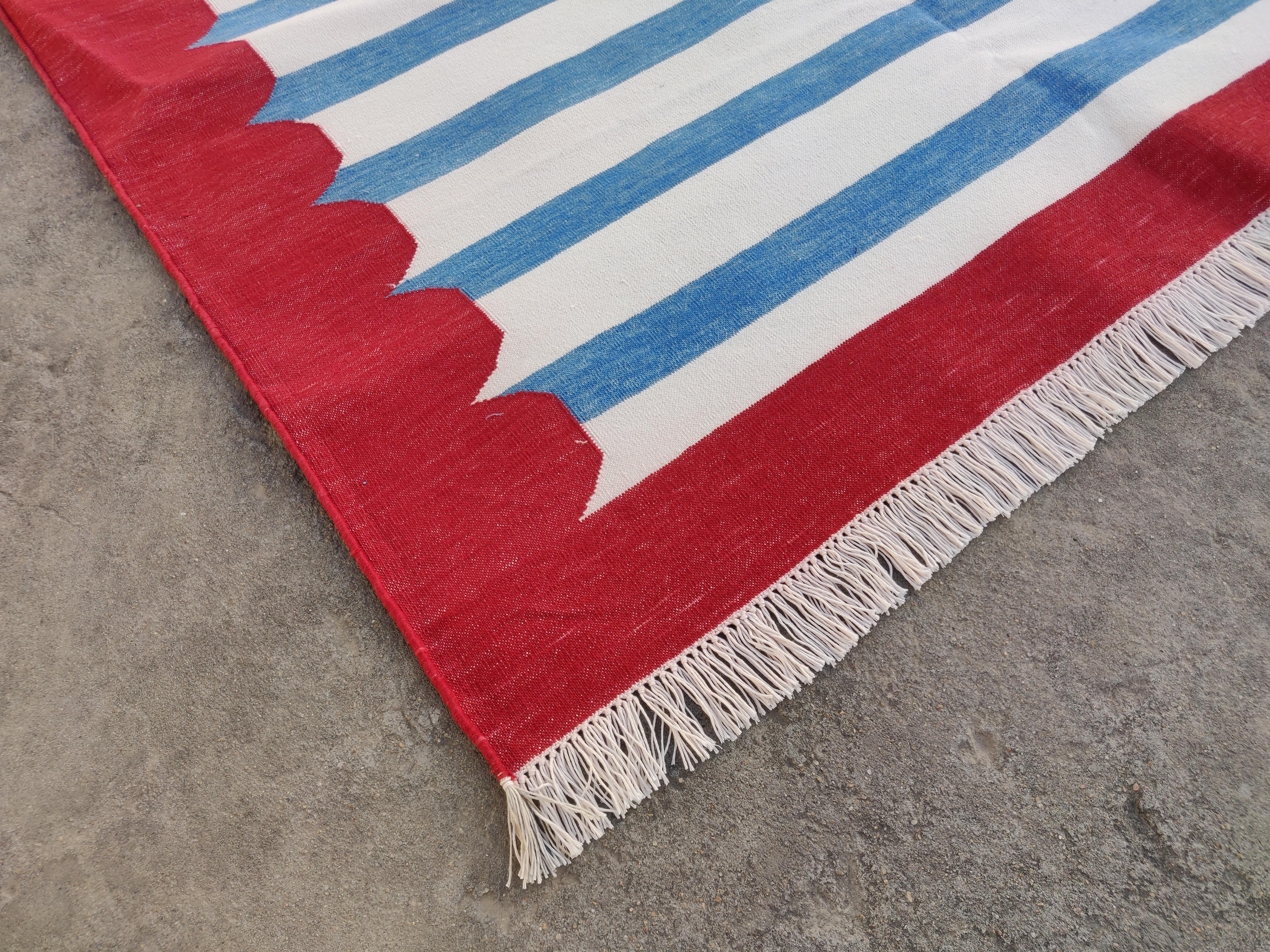 Mid-Century Modern Handmade Cotton Area Flat Weave Rug, 8x10 Blue And Red Striped Indian Dhurrie For Sale