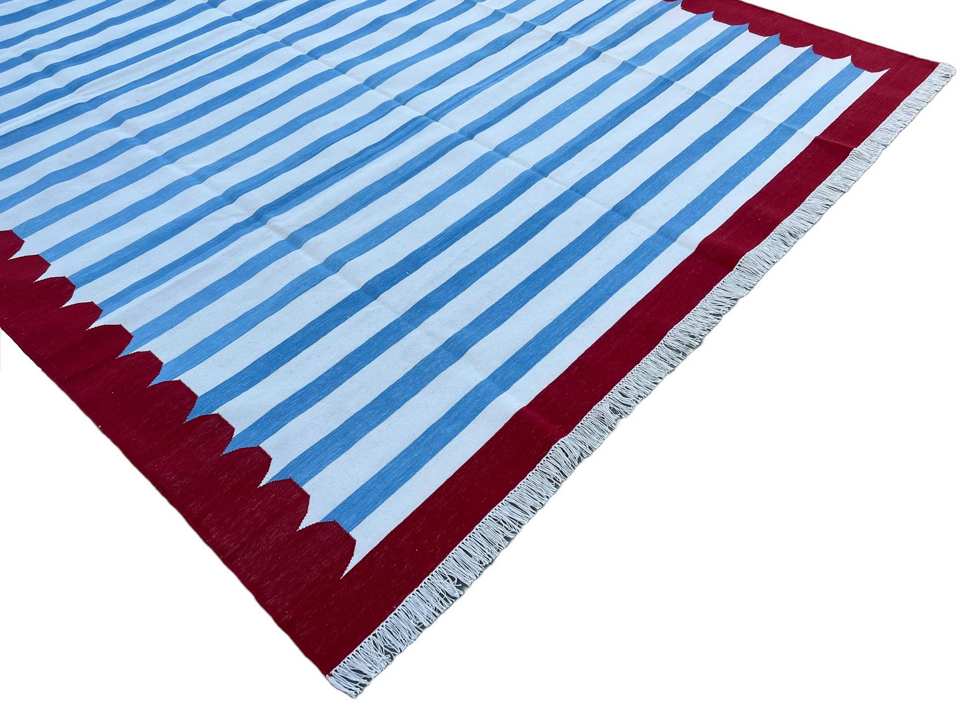 Hand-Woven Handmade Cotton Area Flat Weave Rug, 8x10 Blue And Red Striped Indian Dhurrie For Sale