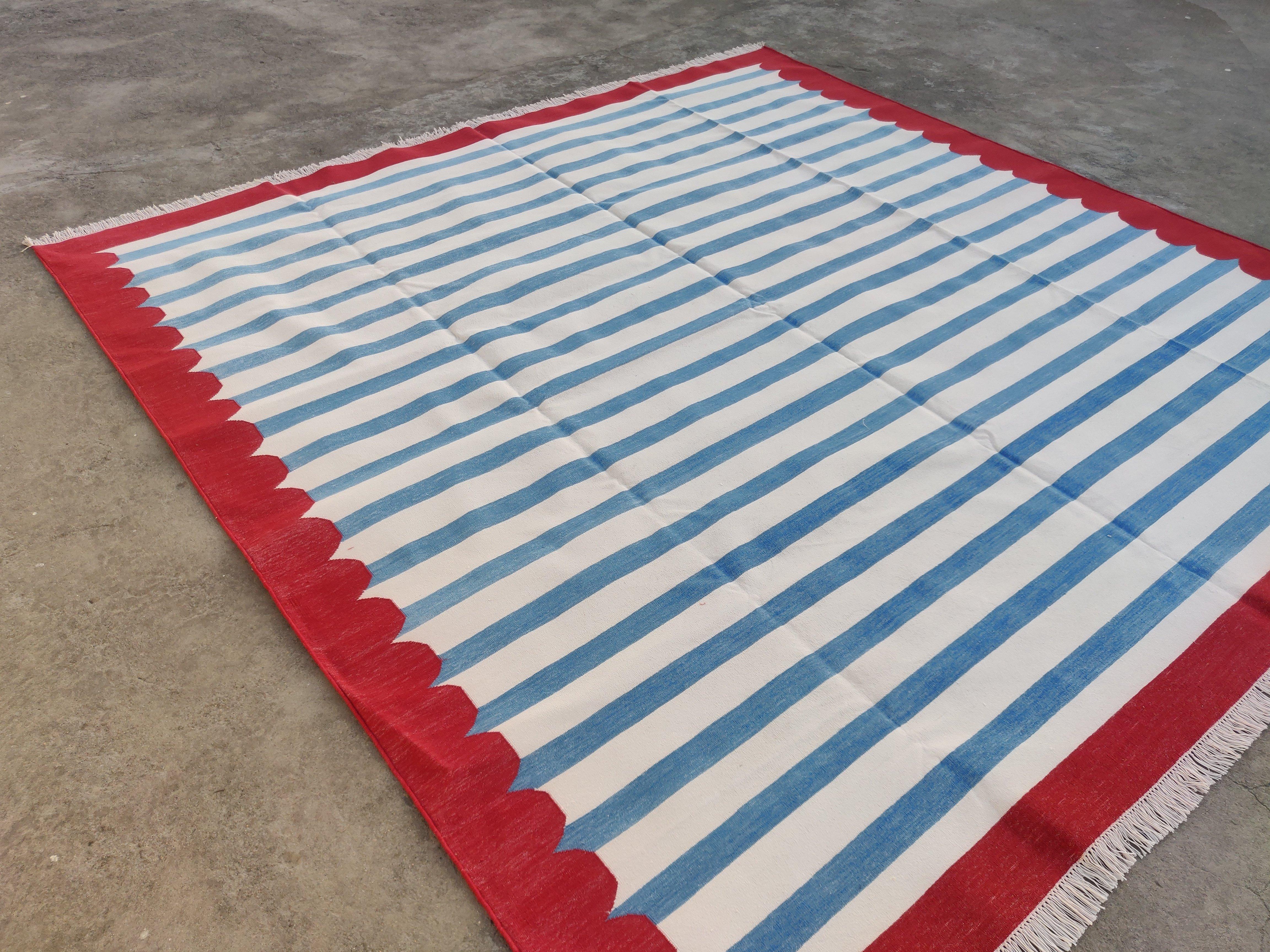 Handmade Cotton Area Flat Weave Rug, 8x10 Blue And Red Striped Indian Dhurrie In New Condition For Sale In Jaipur, IN