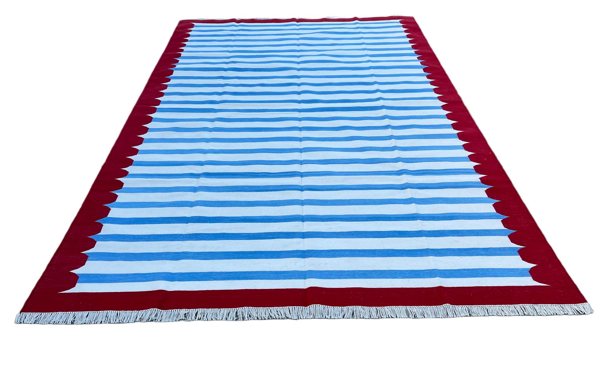 Contemporary Handmade Cotton Area Flat Weave Rug, 8x10 Blue And Red Striped Indian Dhurrie For Sale