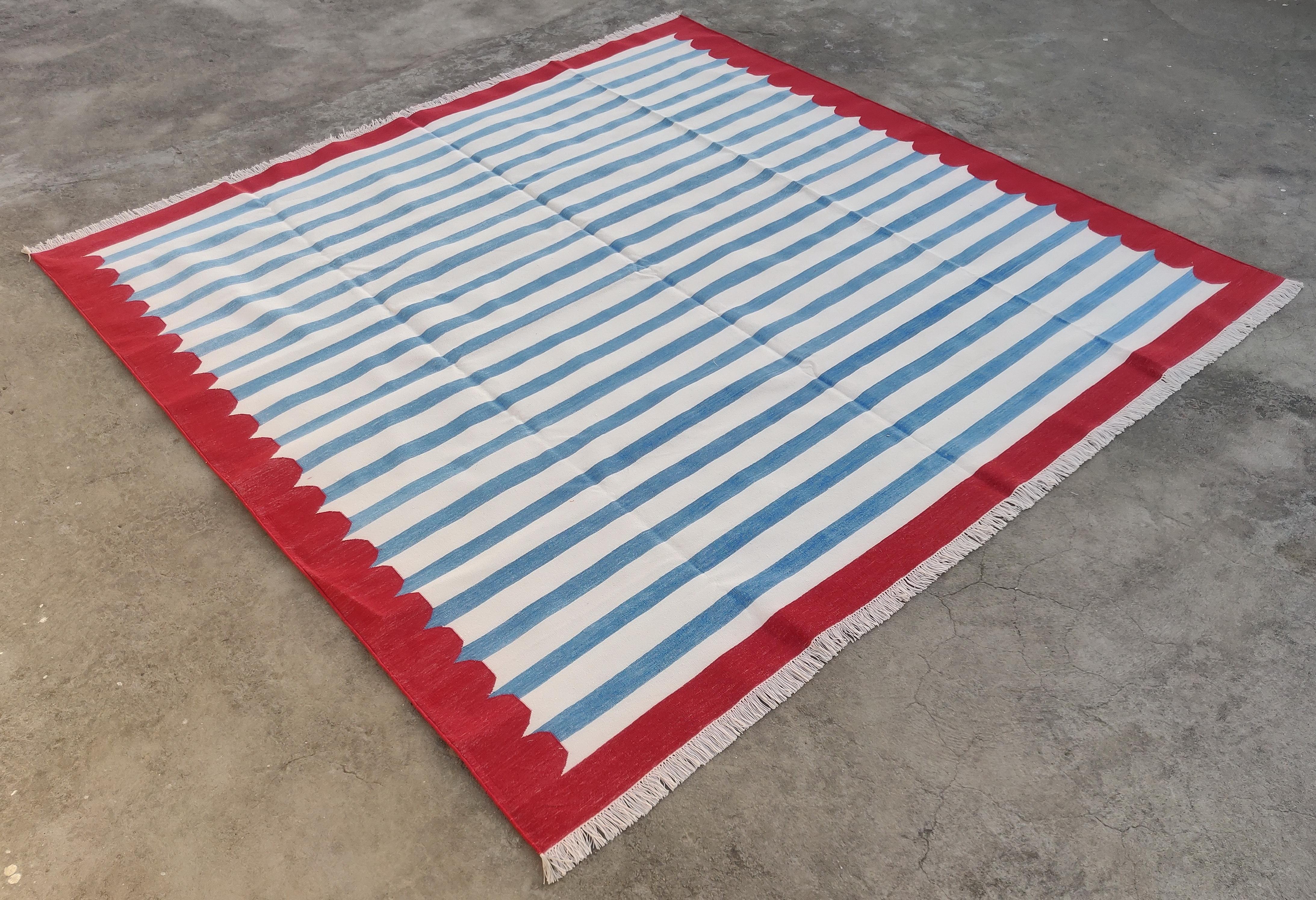 Handmade Cotton Area Flat Weave Rug, 8x10 Blue And Red Striped Indian Dhurrie For Sale 1