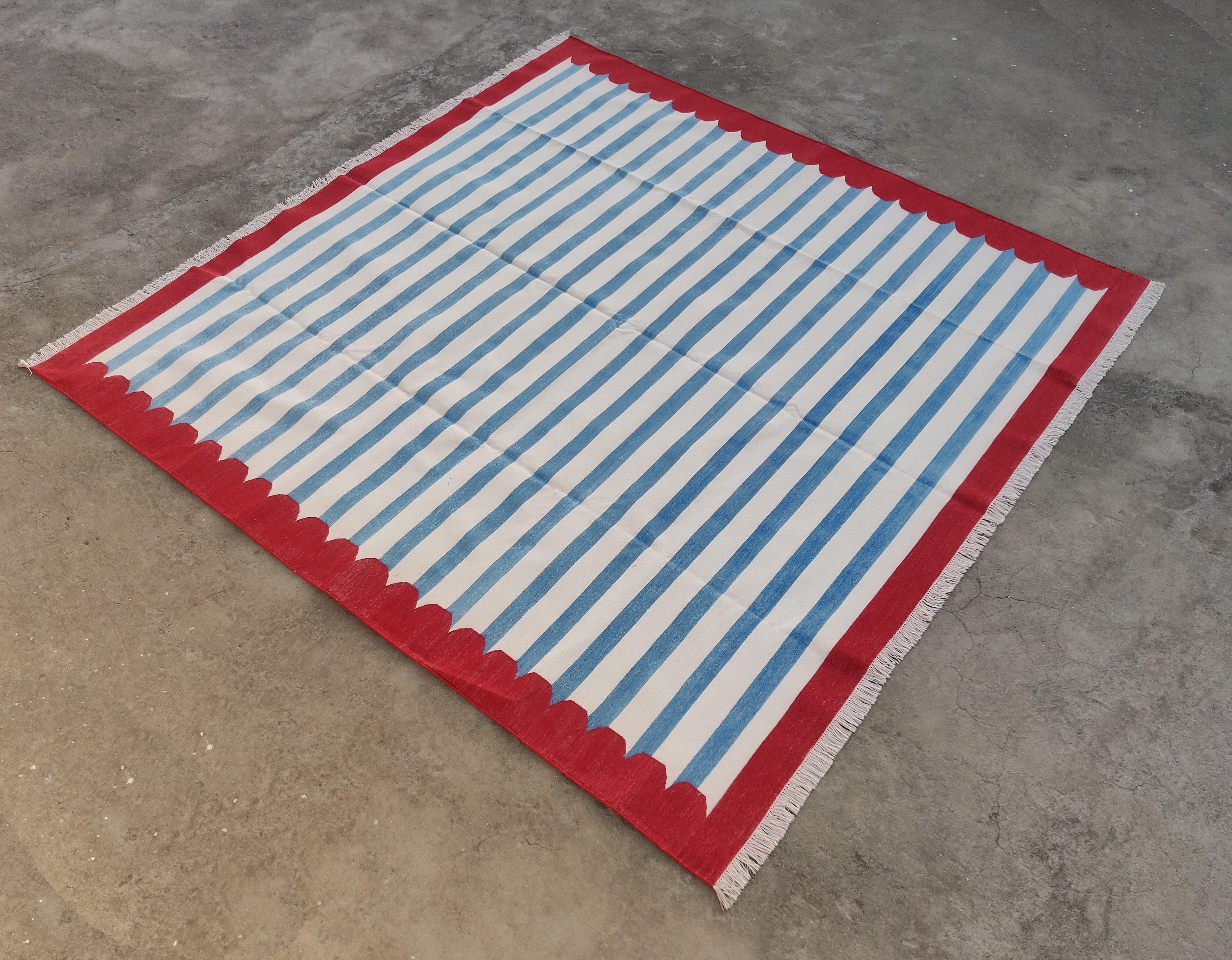 Handmade Cotton Area Flat Weave Rug, 8x10 Blue And Red Striped Indian Dhurrie For Sale 2