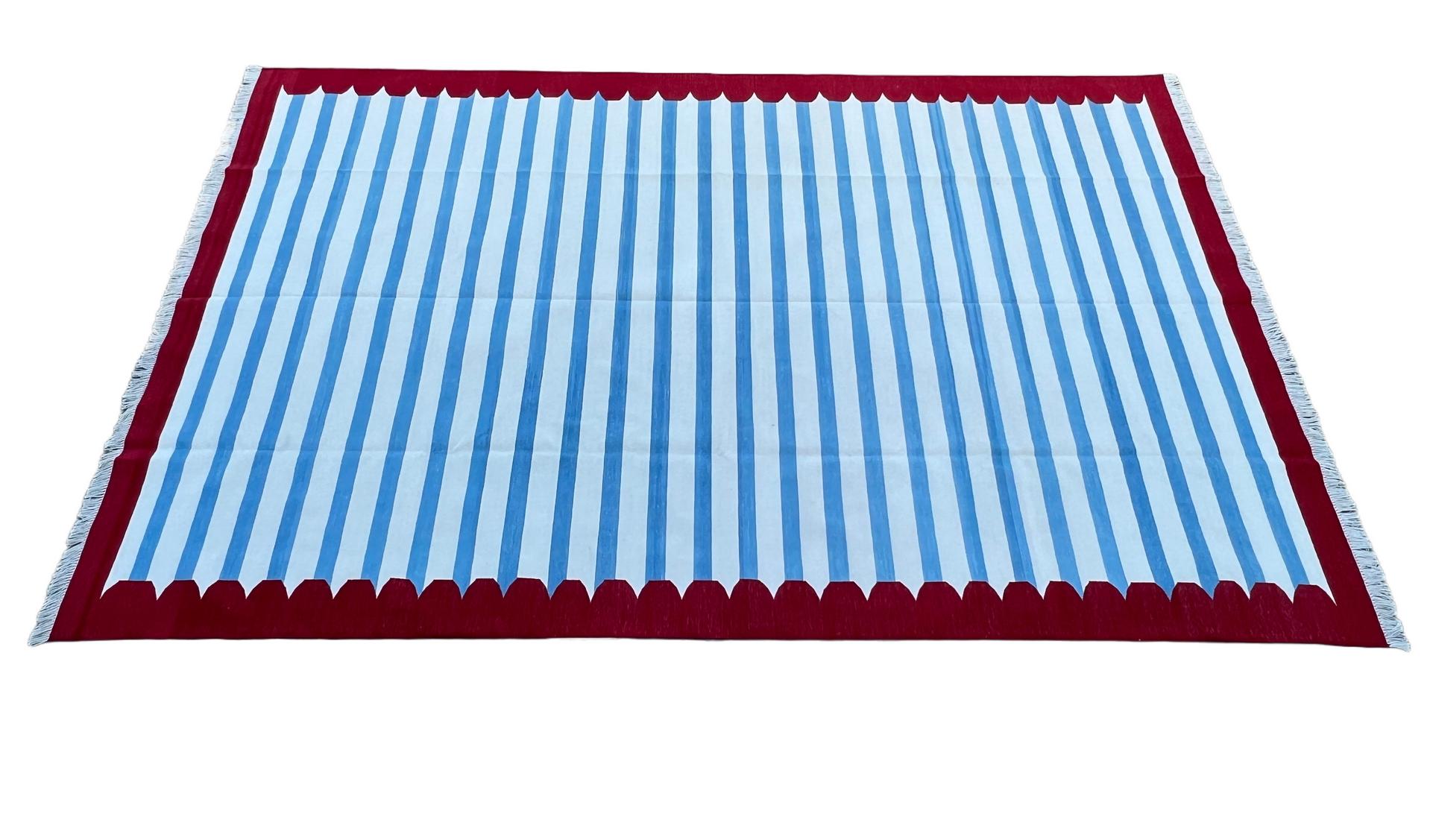 Handmade Cotton Area Flat Weave Rug, 8x10 Blue And Red Striped Indian Dhurrie For Sale 2