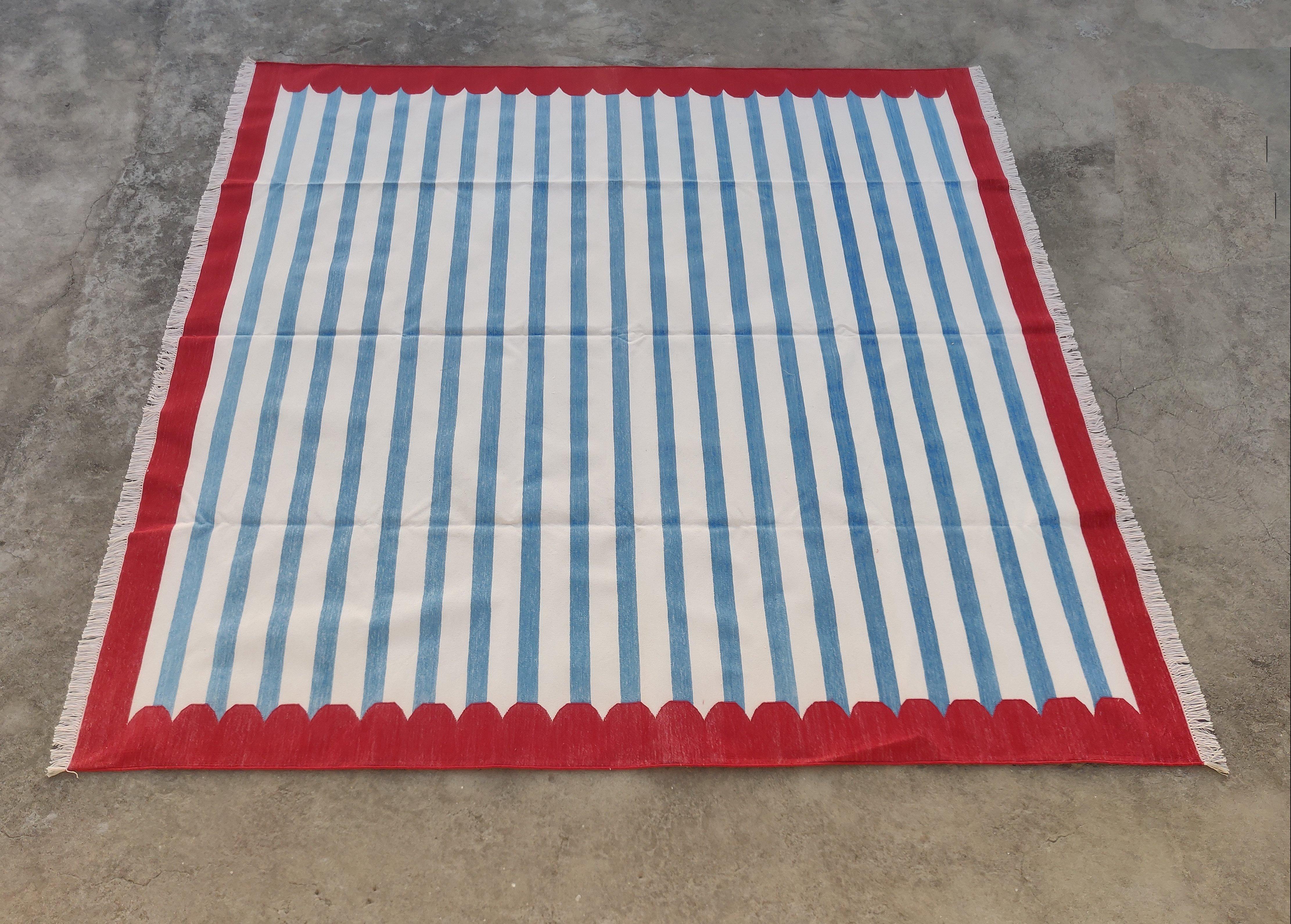 Handmade Cotton Area Flat Weave Rug, 8x10 Blue And Red Striped Indian Dhurrie For Sale 3