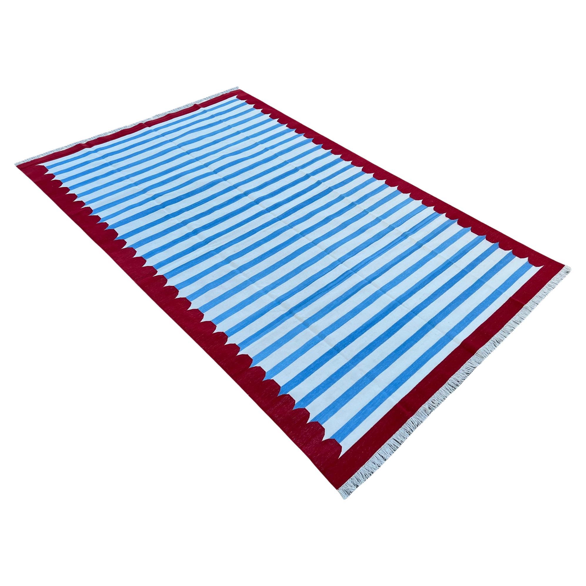 Handmade Cotton Area Flat Weave Rug, 8x10 Blue And Red Striped Indian Dhurrie For Sale