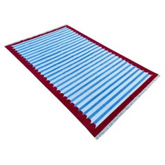 Handmade Cotton Area Flat Weave Rug, 8x10 Blue And Red Striped Indian Dhurrie