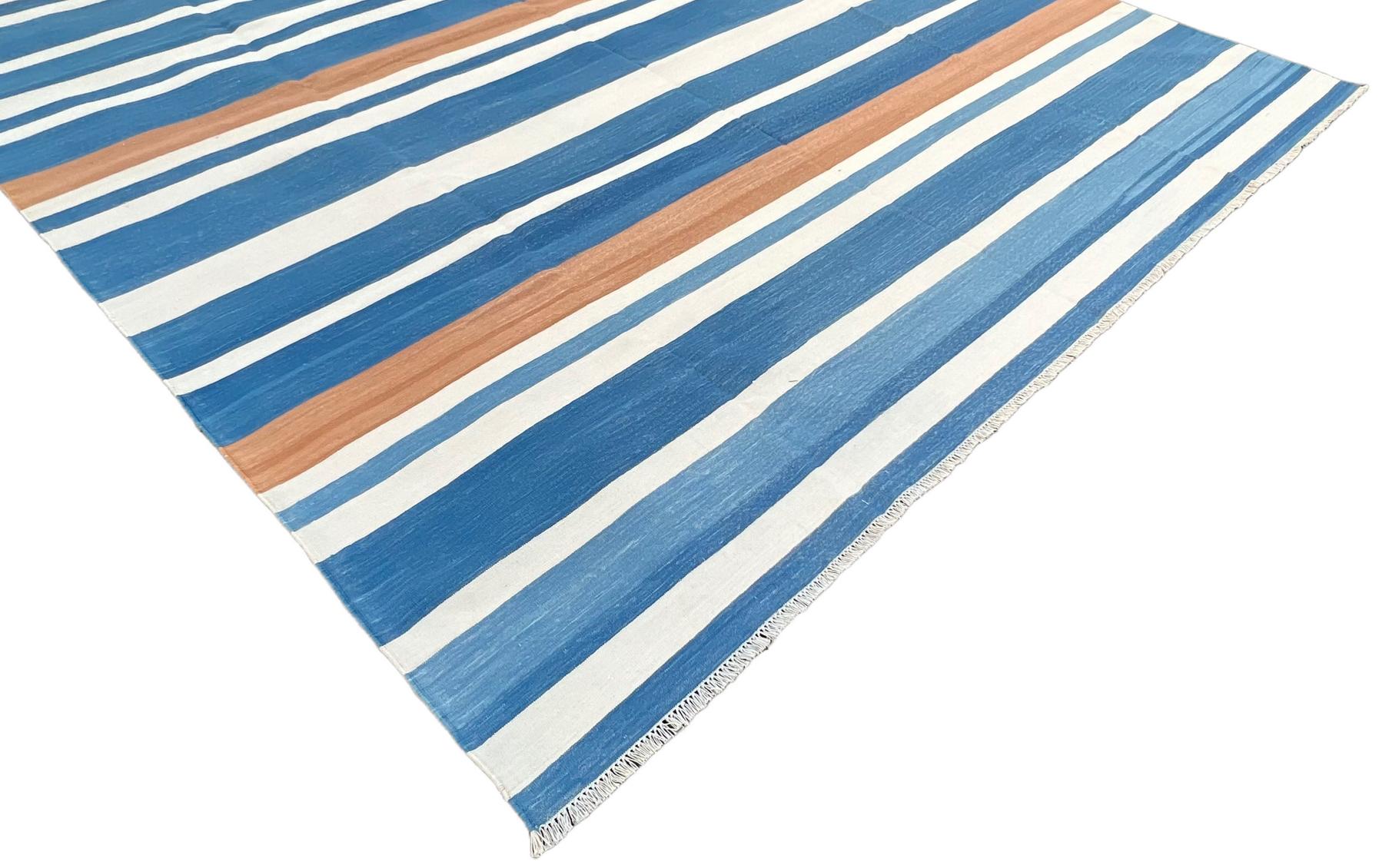 Handmade Cotton Area Flat Weave Rug, 8x10 Blue And White Striped Indian Dhurrie For Sale 4
