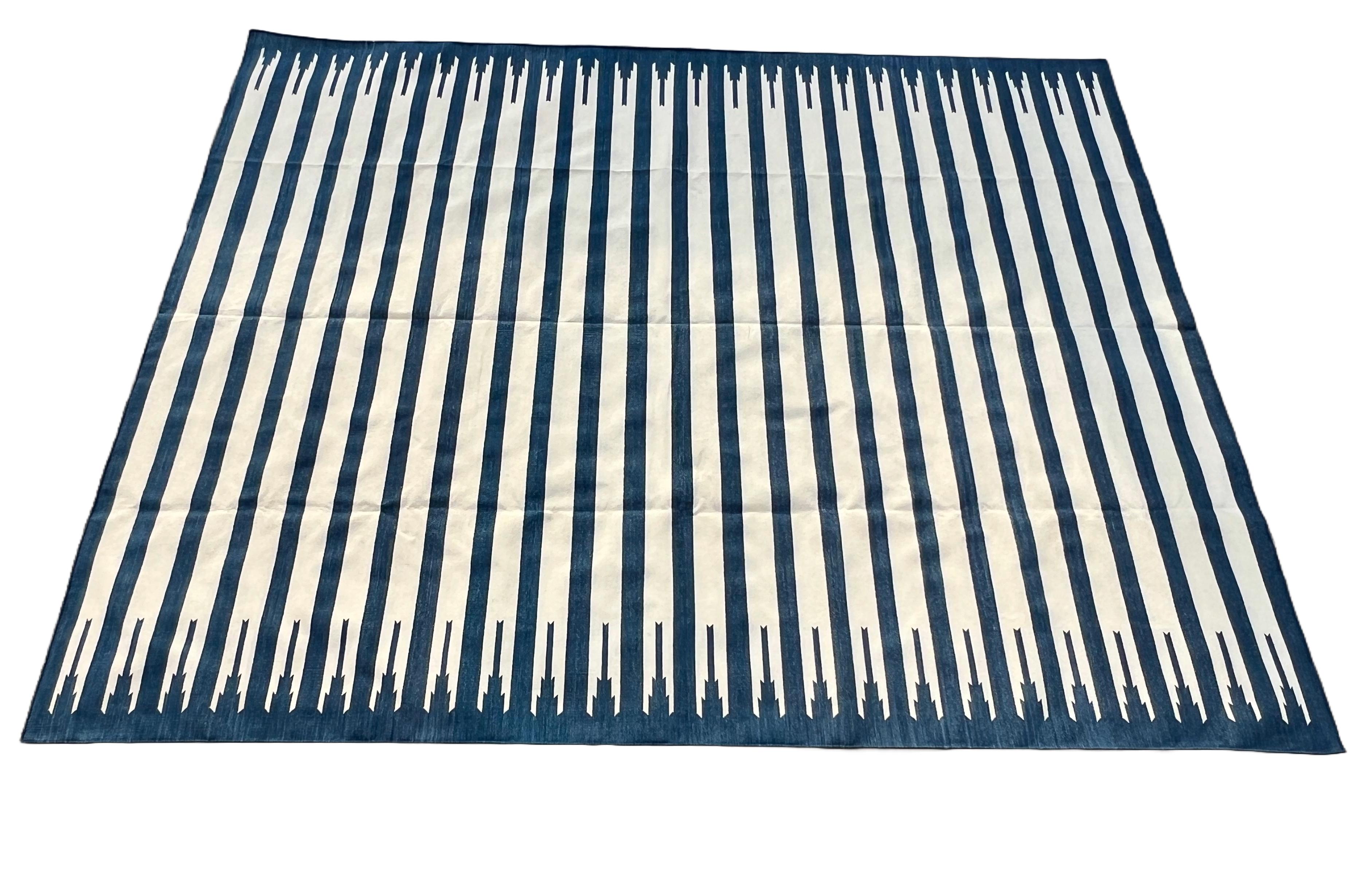 Handmade Cotton Area Flat Weave Rug, 8x10 Blue And White Striped Indian Dhurrie For Sale 4