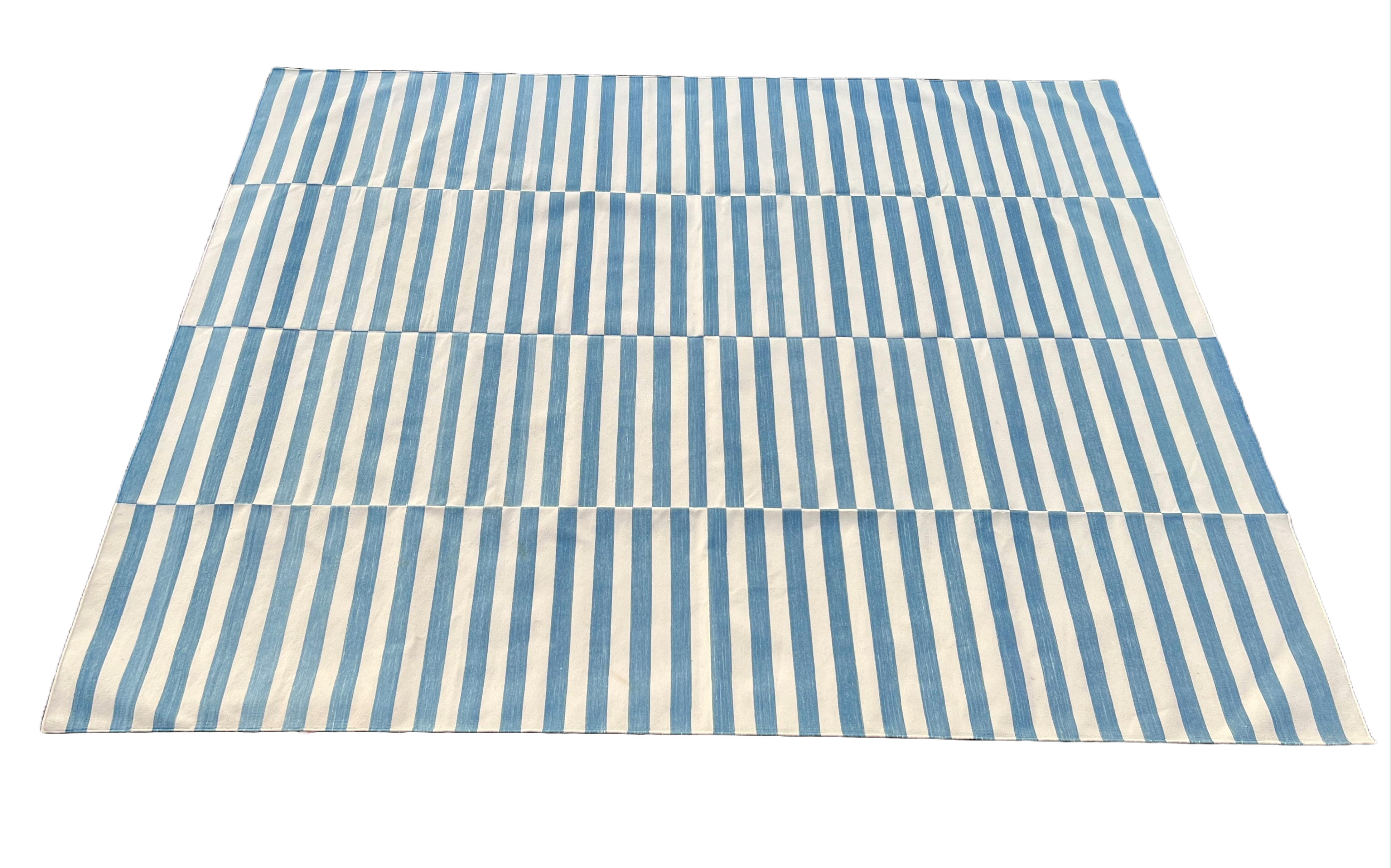 Handmade Cotton Area Flat Weave Rug, 8x10 Blue And White Striped Indian Dhurrie For Sale 5