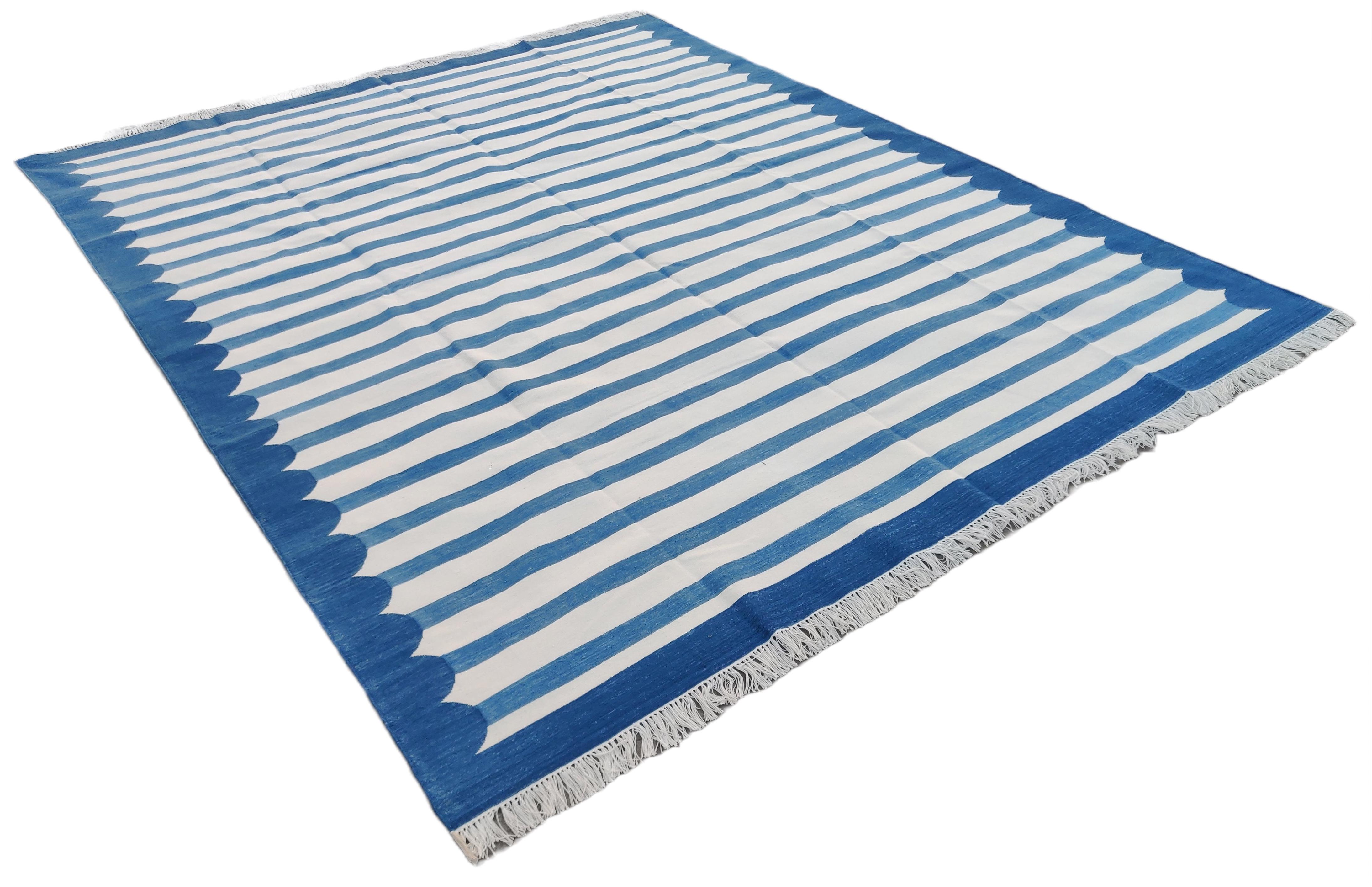 Cotton Natural Vegetable Dyed, Blue And White Striped Indian Rug - 8'x10'
These special flat-weave dhurries are hand-woven with 15 ply 100% cotton yarn. Due to the special manufacturing techniques used to create our rugs, the size and color of each
